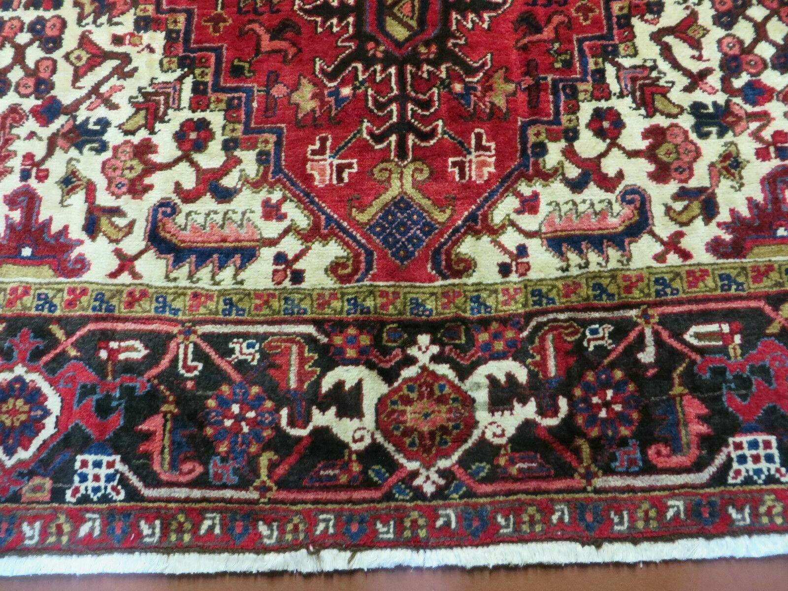 Wonderful Persian Heriz Rug 8.6 x 11, Geometric Heriz Carpet, Semi Antique Decorative Area Rug, Red Ivory Dark Blue Handmade Wool Room Sized - Jewel Rugs
