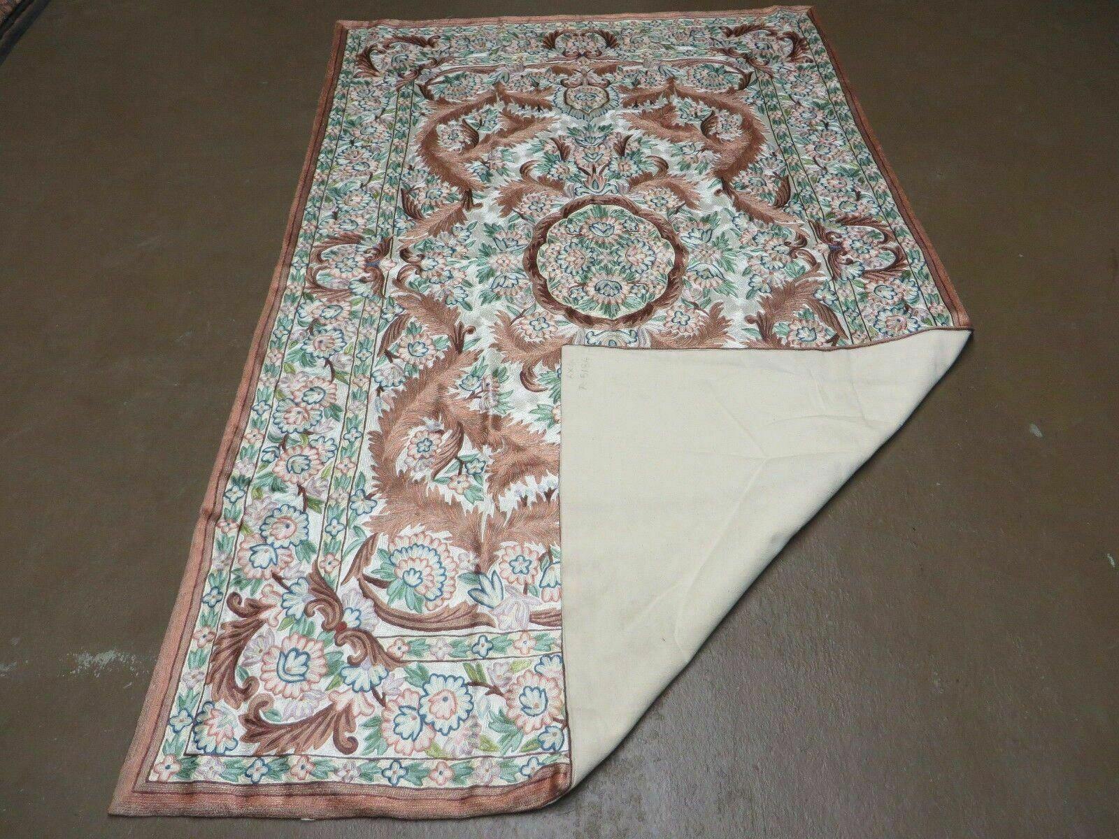 4' X 6' Vintage Embroidery Hand Stitched Rug Silk On Cotton India Backing Nice - Jewel Rugs