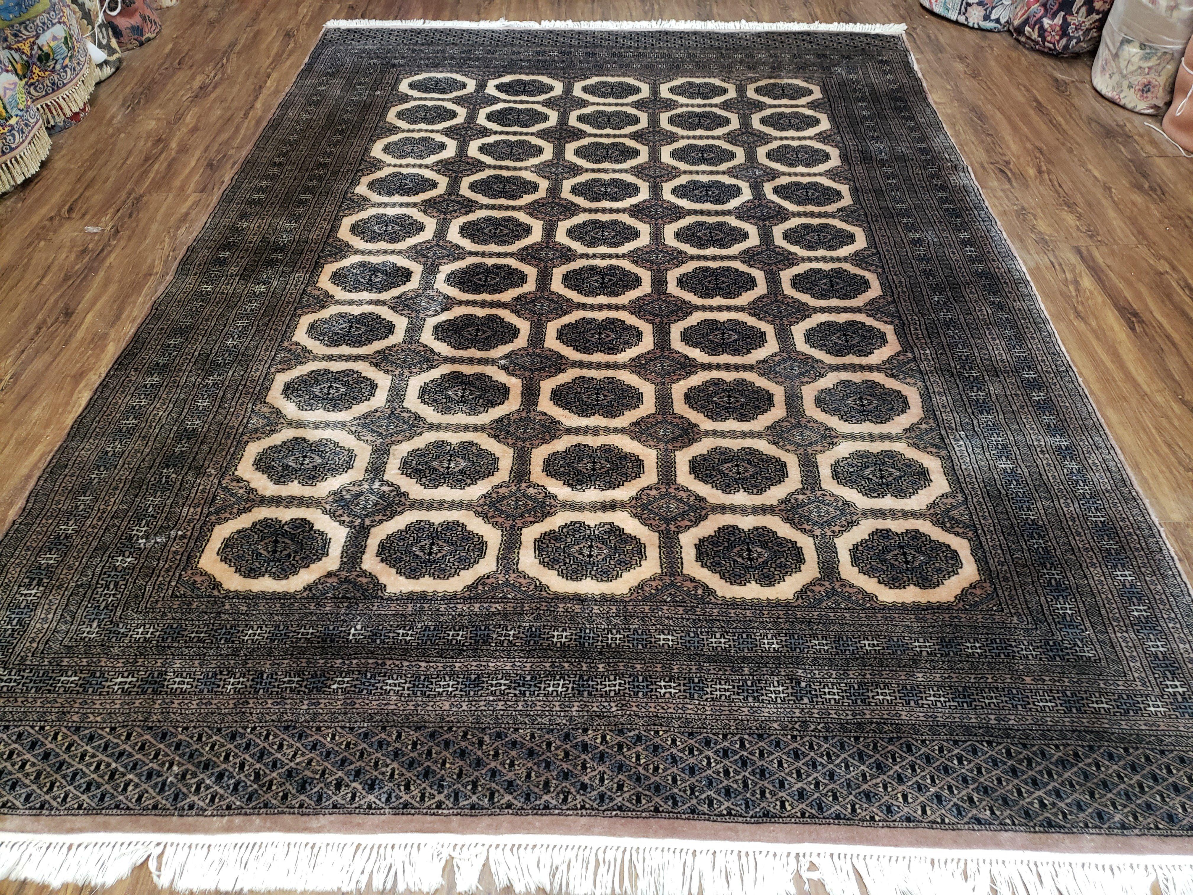 Vintage Pakistani Bokhara Rug, 7x9 - 7x10 Handmade Area Rug, Fine Turkoman Rug, Ivory Taupe Black, Bukhara Rug, Nice Wool, Living Room Rug - Jewel Rugs