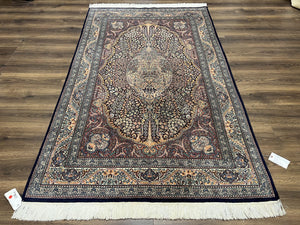 Pak Persian Floral Kirman Rug 5x7, Black Red Multicolor Millefleur Carpet, Hand Knotted Wool Oriental Carpet, Very Fine Tree of Life Vintage - Jewel Rugs