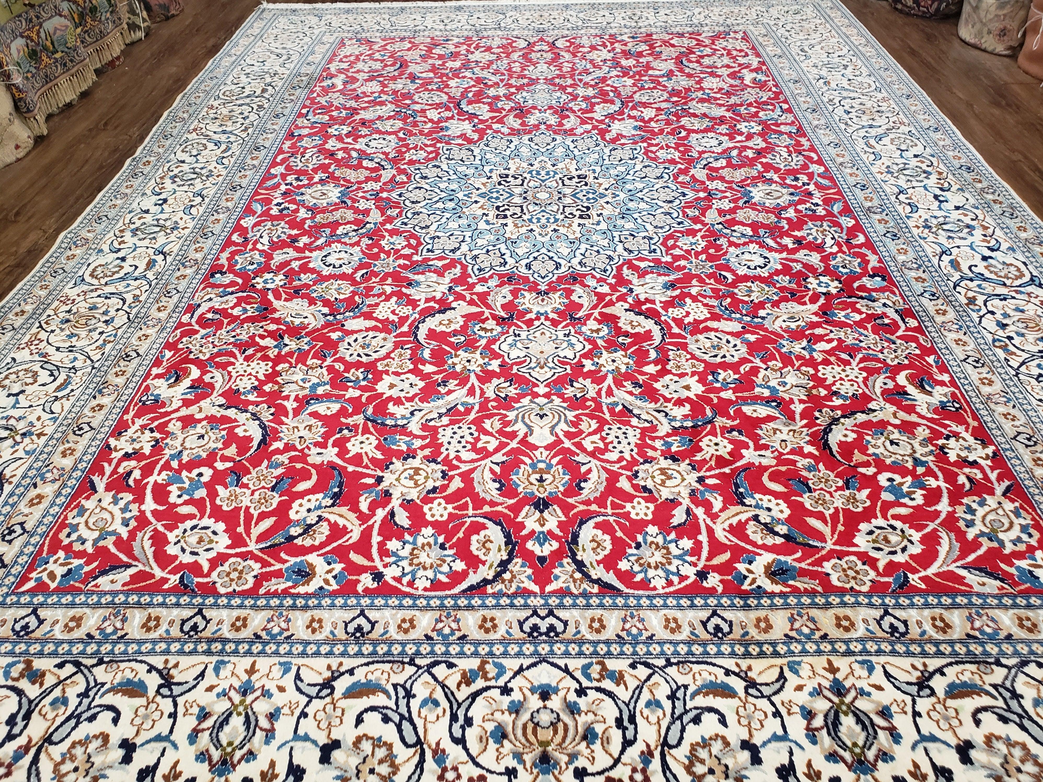 Persian Nain Rug, Lachak Toranj Design, Wool with Silk Highlights, Red Ivory and Light Blue, Hand-Knotted, 8'3" x 11'9" - Jewel Rugs