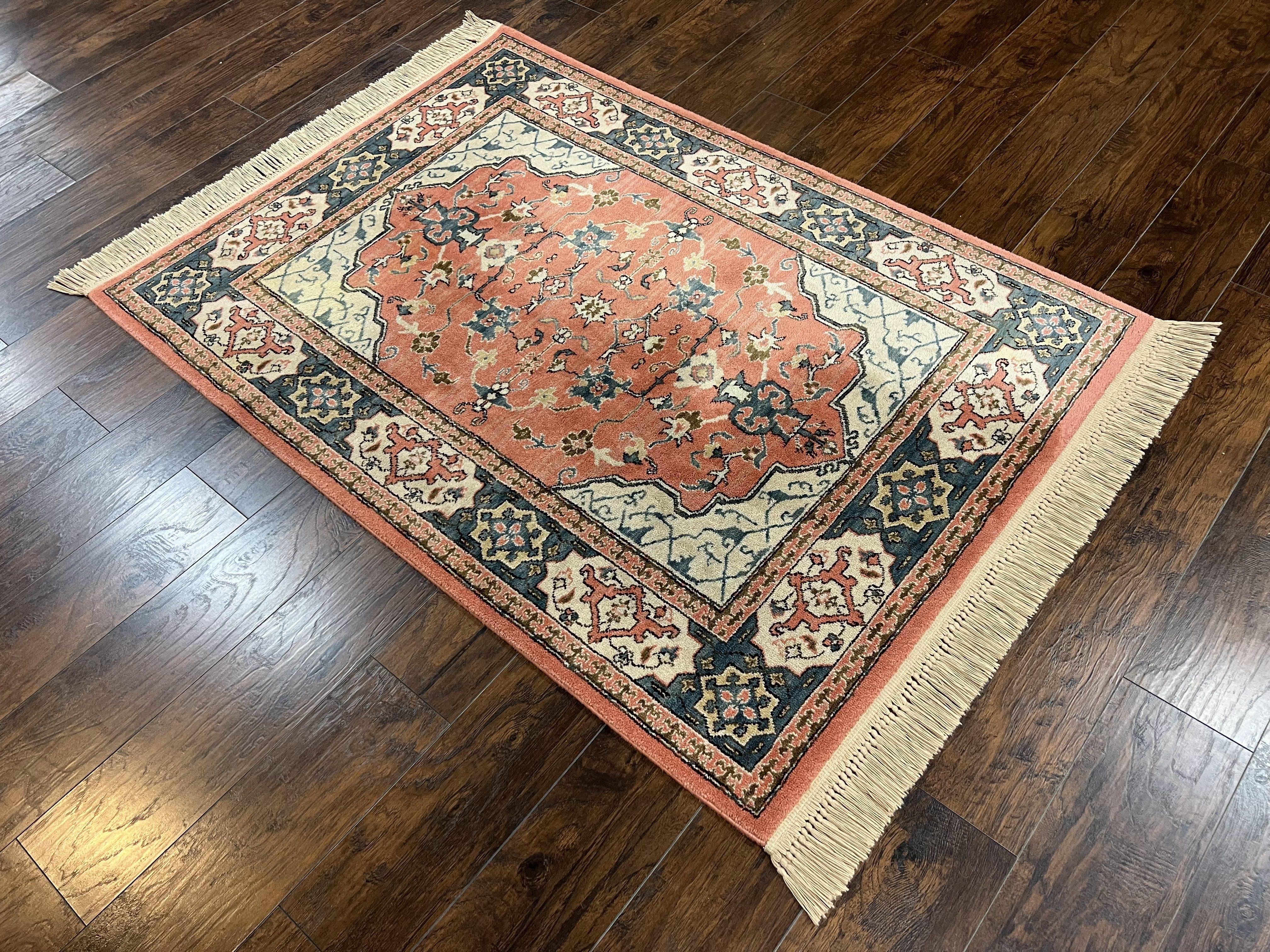 Karastan Rug 4x6 Bergama Design #737, Karastan Area Rug, Vintage Wool Karastan Carpet, Original Collection 700 Series, Salmon Red Light Blue - Jewel Rugs