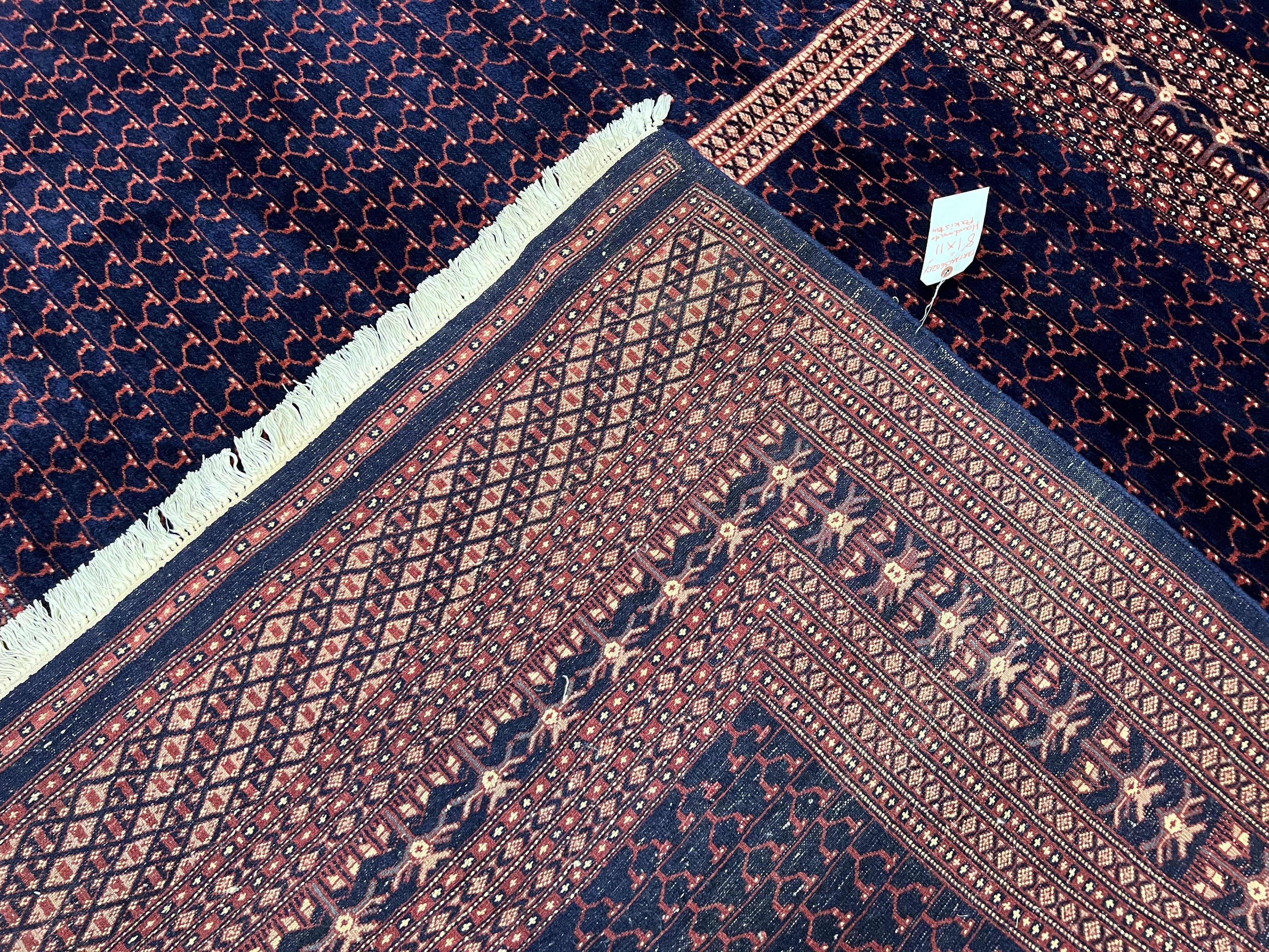 Pakistani Rug 8x11, Hand Knotted Wool Carpet, Navy Blue Red Beige, Four Season Hatchli Design, 8 x 11 Vintage Fine Oriental Rug, Room Sized - Jewel Rugs