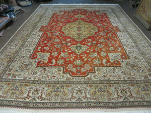 Vintage Persian Tabriz Rug 9x12, Tabatabaie Rug 9x12 Carpet, Handmade Hand Knotted Wool Area Rug, Tomato Red Beige, Medallion Rug, Floral