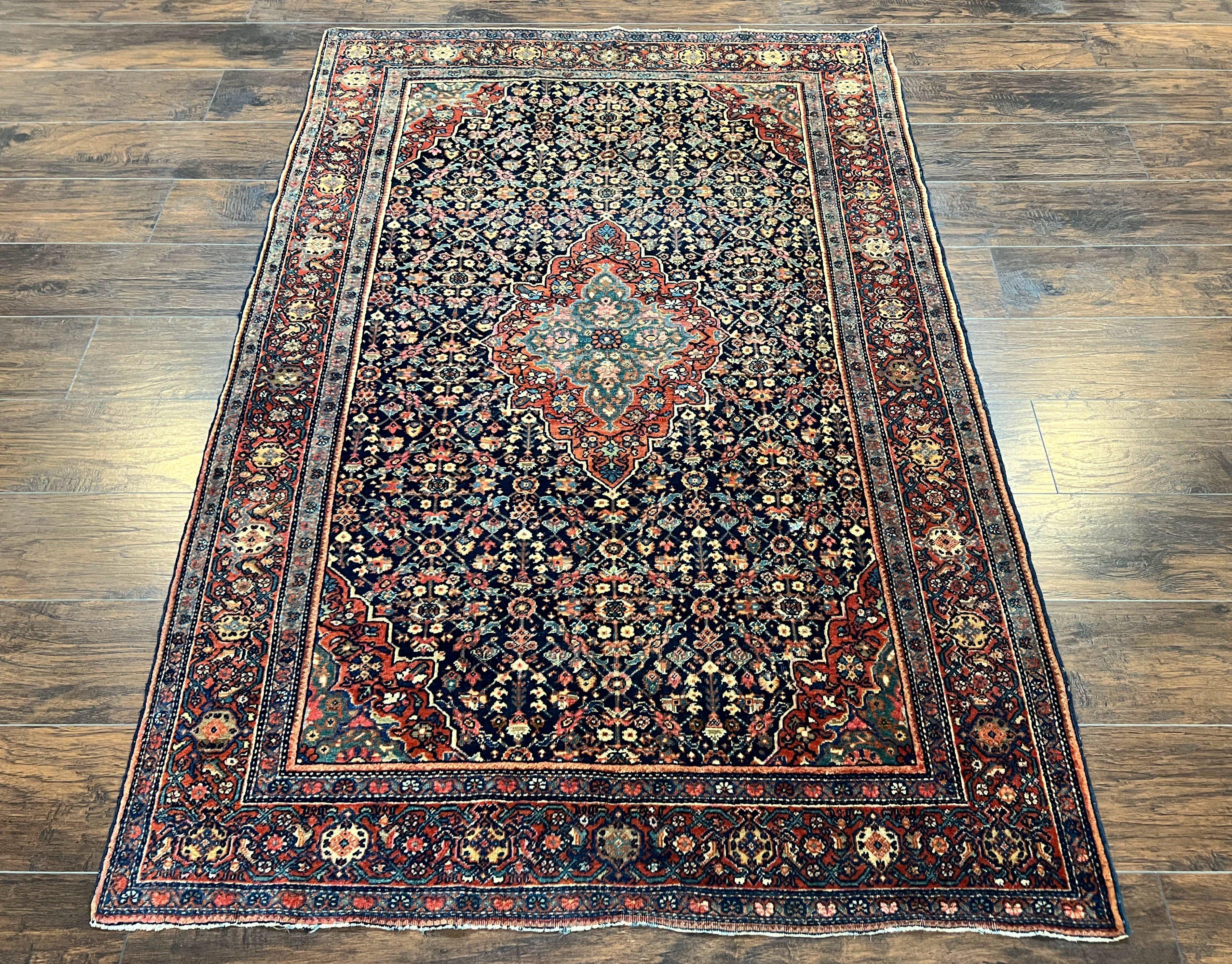 Antique Persian Sarouk Farahan Rug 4x7 Carpet, Herati Medallion, Midnight Blue and Red Wool Collectible Oriental Rug, Hand Knotted, Ferahan Feraghan - Jewel Rugs