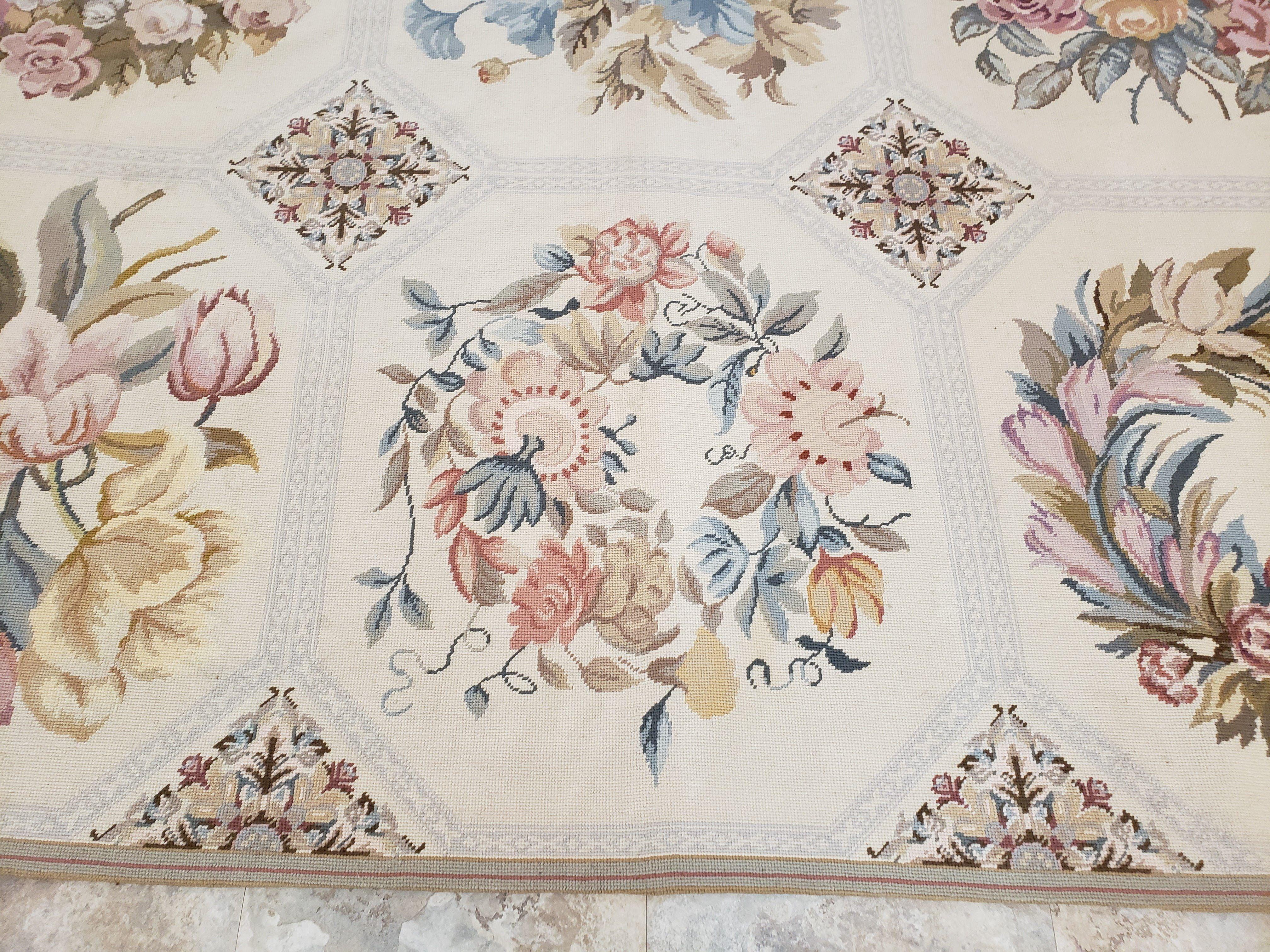 Needlepoint Rug 10x13 Vintage Carpet, Floral Panel Design, Beige, Multicolor Flowers, Handmade Hand Woven, Flatweave, No Pile, Wool - Jewel Rugs