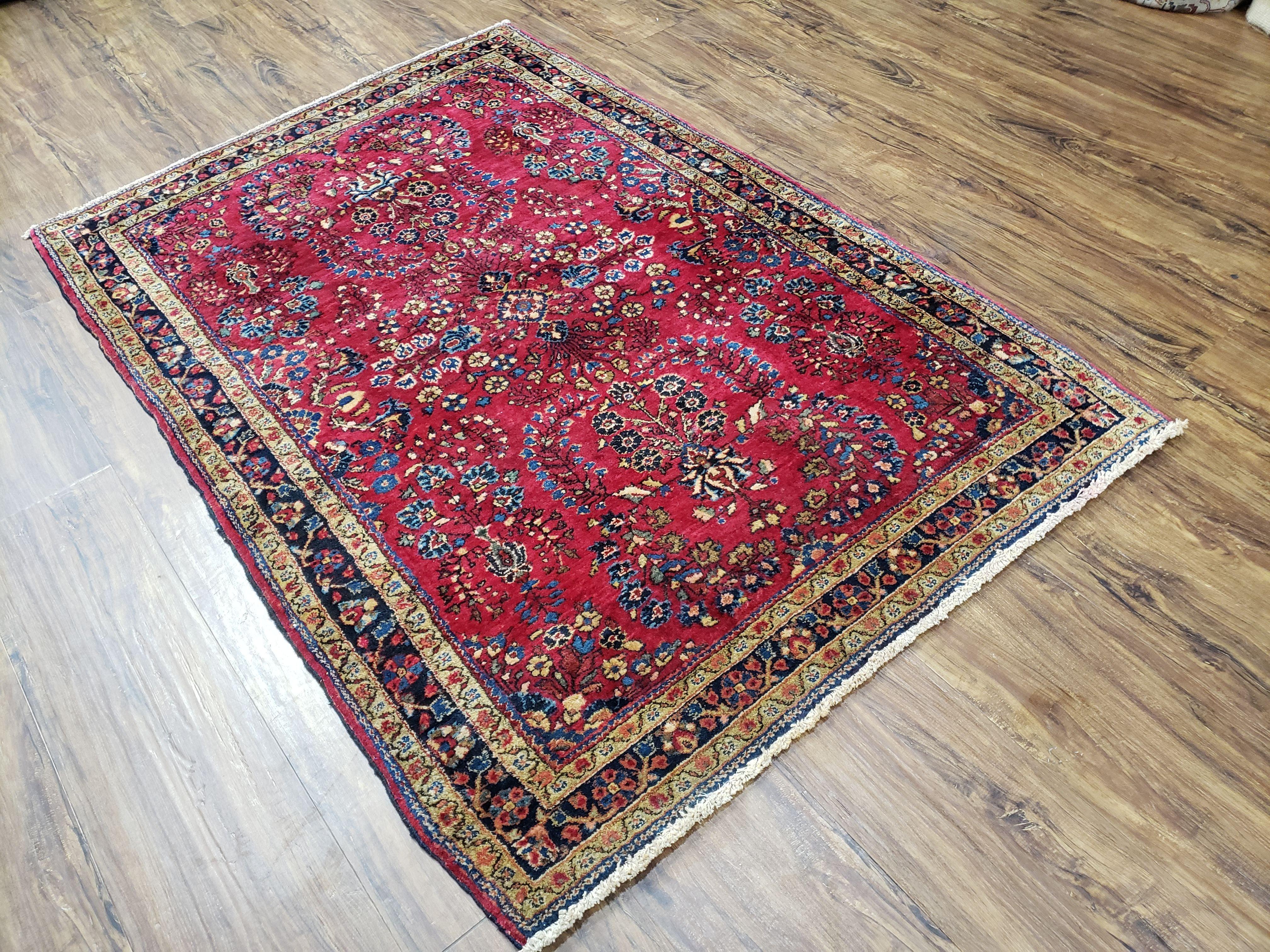 Antique Persian Sarouk Rug, Red, Allover Floral Pattern, Hand-Knotted, Wool, 3'4" x 4'11" - Jewel Rugs