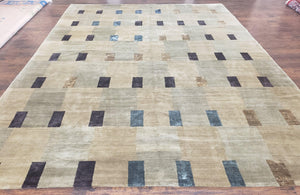 Tufenkian Rug 8.6 x 11.5, Modern Tibetan Nepalese Checker Panel Geometric Abstract Contemporary Carpet, Beige Tan Multicolor, Wool and Silk - Jewel Rugs
