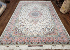 Incredible Persian Tabriz Rug 7x10, Super Fine Persian Carpet, 300+ KPSI, Ivory and Pink, Light Colors, Wool and Silk, Vintage, Top Quality, Signed - Jewel Rugs