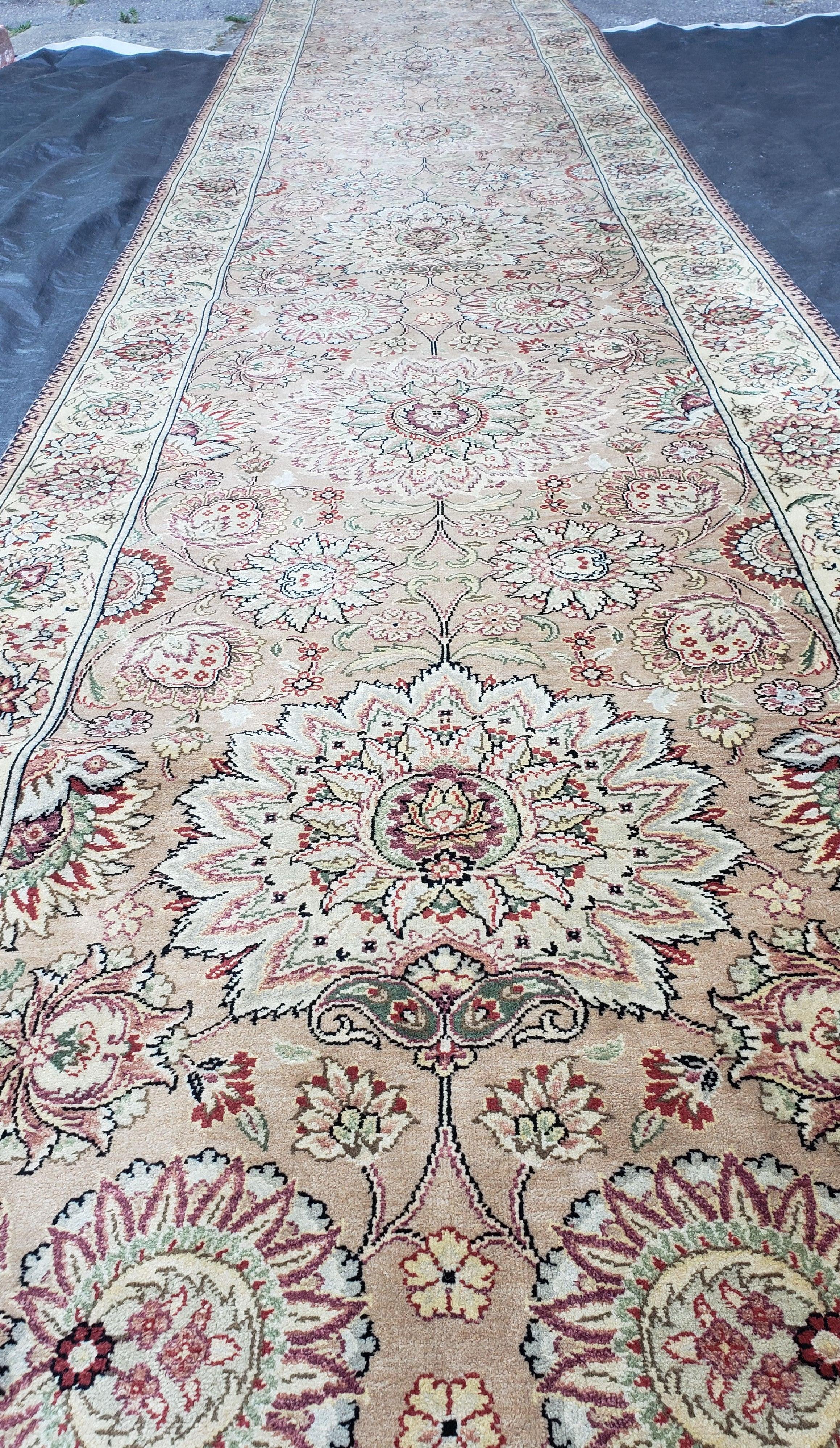 Vintage Very Long Runner 27' ft, Hand-Knotted, Light Salmon Pink & Beige, Indo Mahal Rug, Indian Carpet, Persian Oriental Design, 4' x 27' - Jewel Rugs