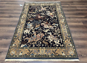 Incredible Persian Qum Rug 5x7, Hunting Design, Horses Archers Deer, Midnight Blue and Tan, Top Quality Wool Hand Knotted Vintage Persian Ghom Carpet - Jewel Rugs
