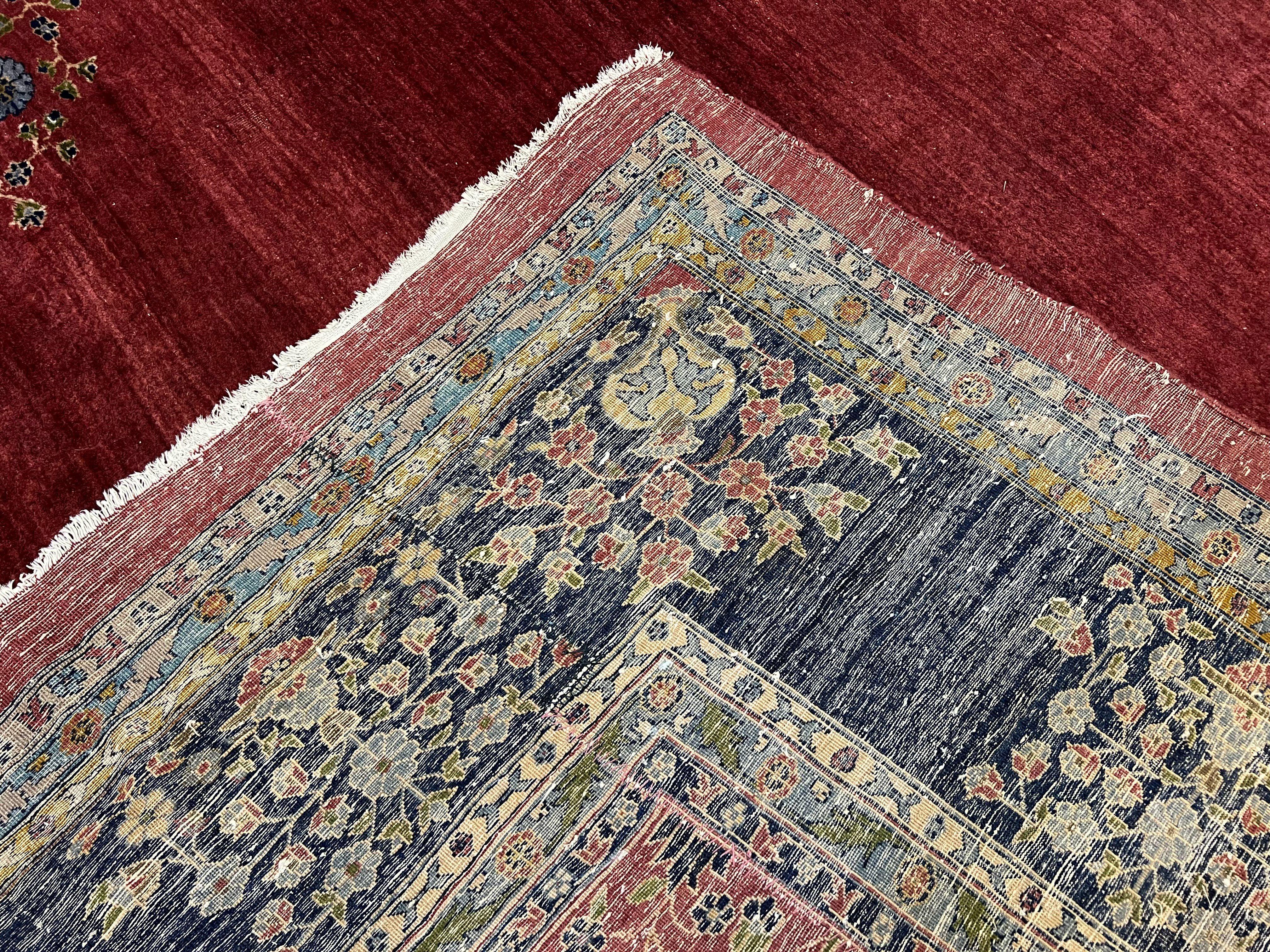 Large Persian Sarouk Rug 10x17, Open Field, Red and Navy Blue, Palace Sized Oversized Hand Knotted Wool Oriental Carpet Flowers Vases Antique 1920s - Jewel Rugs