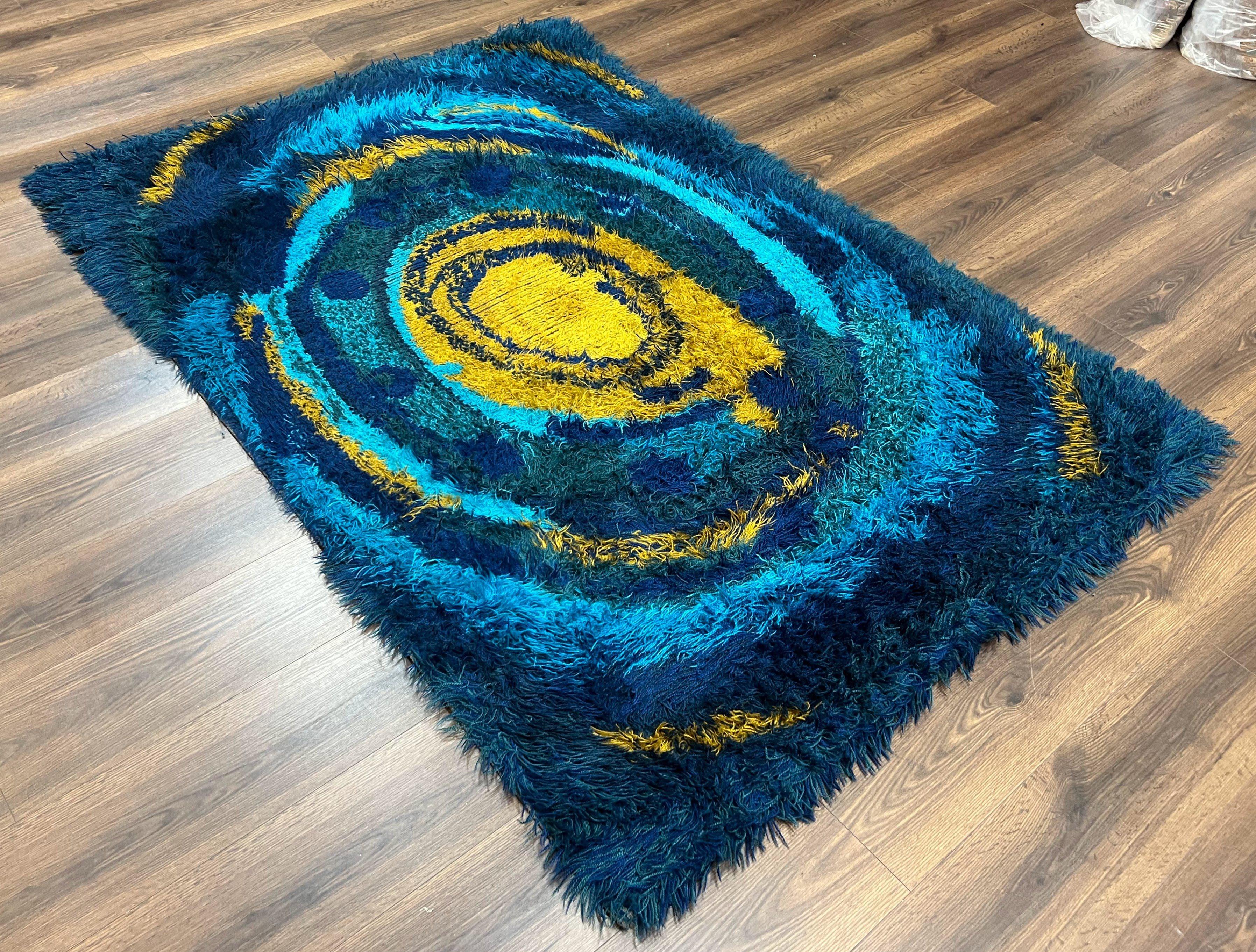 Mid Century Rya Danish Shag Rug 4.7 x 6.8, Multicolor Blues and Gold, Vintage Retro 1960s Shag Rug, Unique Carpet, Vintage Area Rug - Jewel Rugs