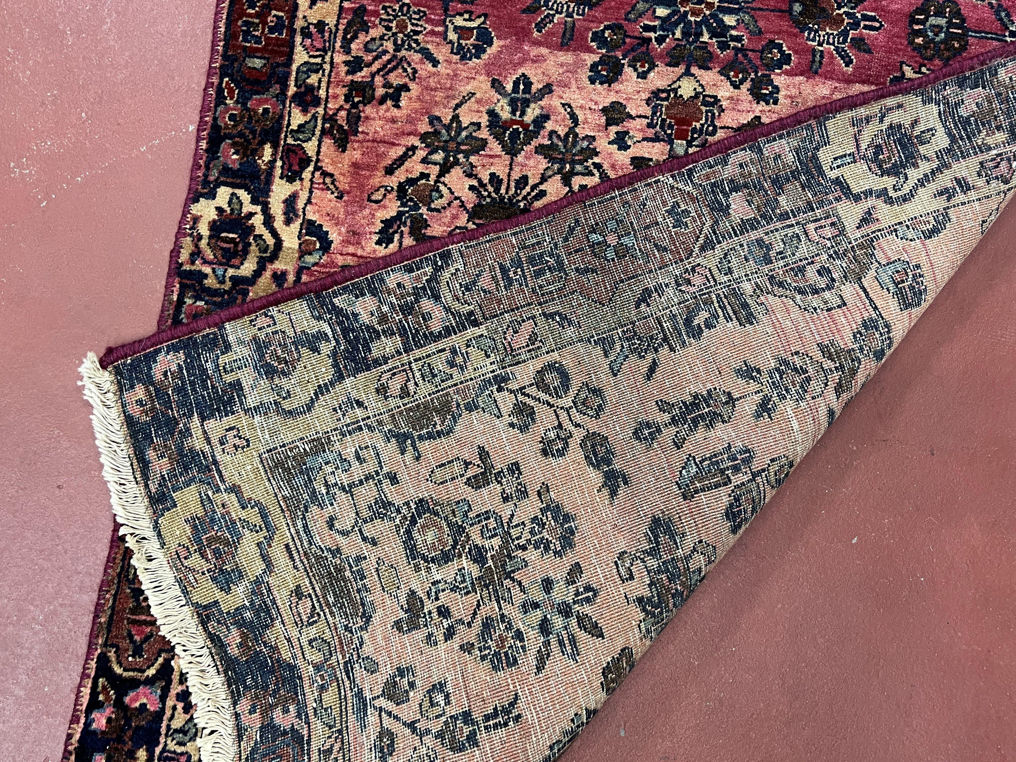 Antique Persian Sarouk Rug 2.4 x 4.9, Red and Dark Blue, Floral, Hand-Knotted, Small Carpet, Traditional, Authentic Oriental Rug 1920s Nice - Jewel Rugs