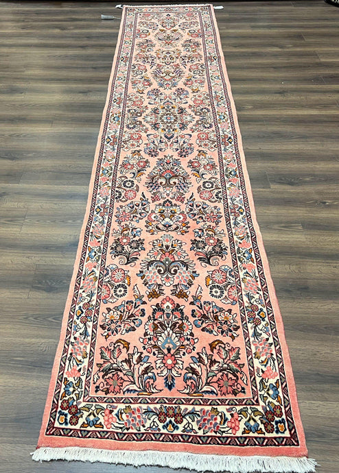 Persian Runner Rug 2.9 x 13.6, Semi Antique Vintage Persian Sarouk Hallway Rug, Wool Oriental Runner, Salmon and Cream, Floral Allover Hand Knotted - Jewel Rugs