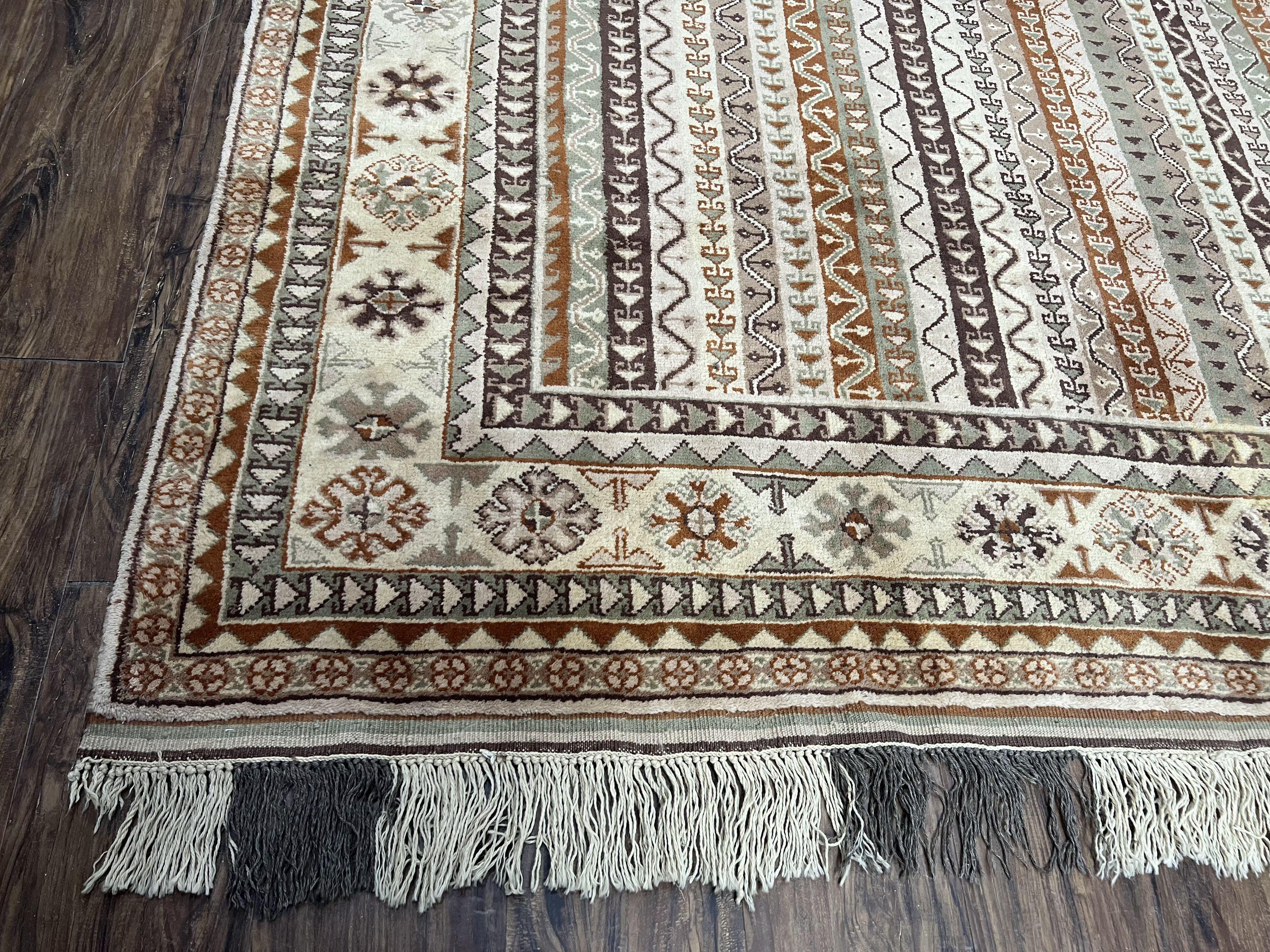 Striped Turkish Anatolian Rug 6x7 Almost Square Shaped Carpet Handmade Vintage Oriental Rug, Living Room Rug, Neutral Colors Cream, Wool Rug - Jewel Rugs