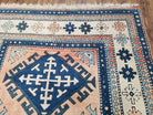 Turkish Kazak Rug 5x8 ft, Bold Geometric Bohemian Carpet, Blue and Ivory Hand Knotted Area Rug, Medium Sized High Quality Wool Oriental Rug - Jewel Rugs