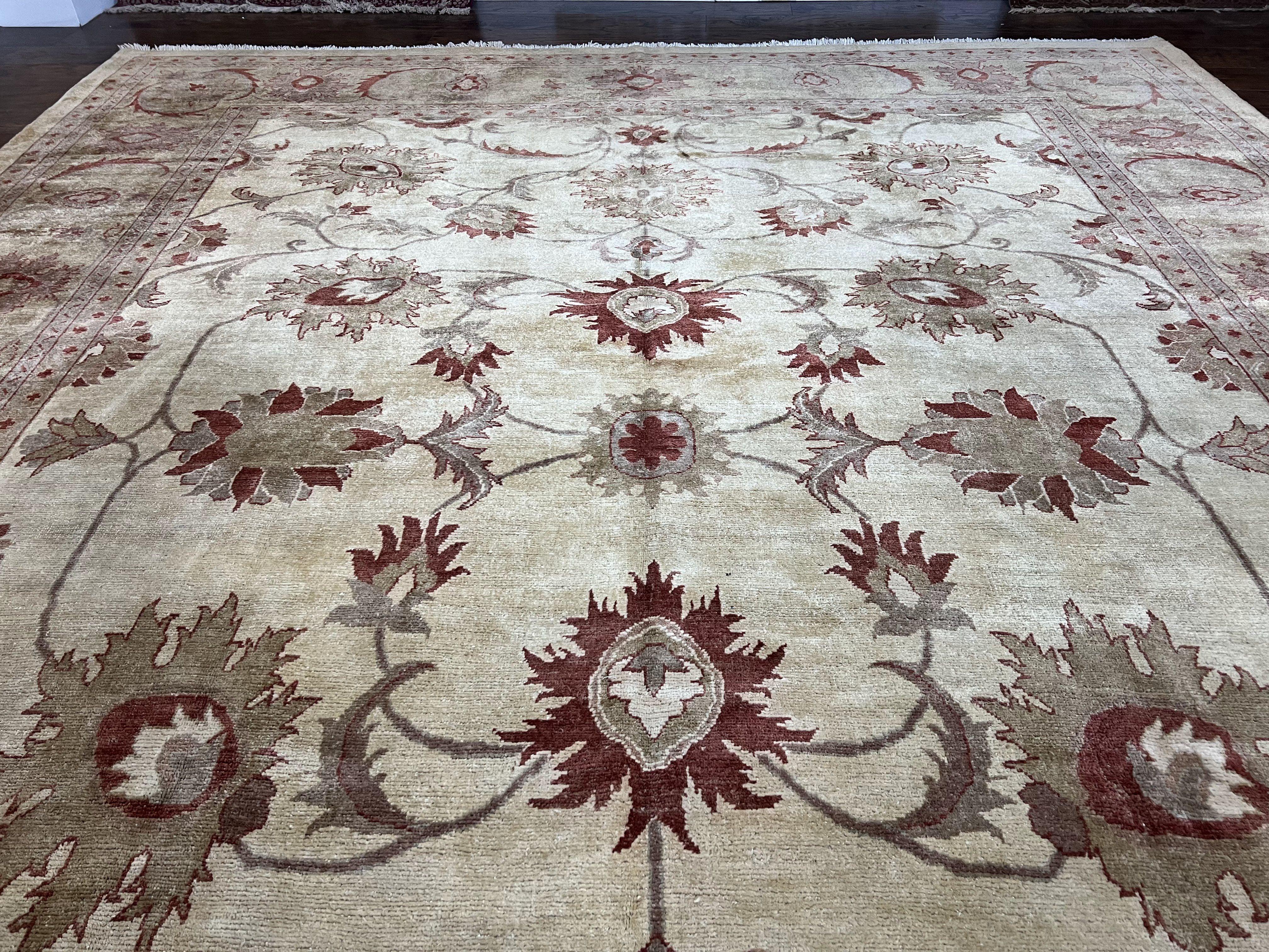 Large Peshawar Rug 11x14, Vintage Beige Chobi Carpet, Allover Floral Design, Hand Knotted, Wool, Room Sized Rug for Living Room Dining Room - Jewel Rugs