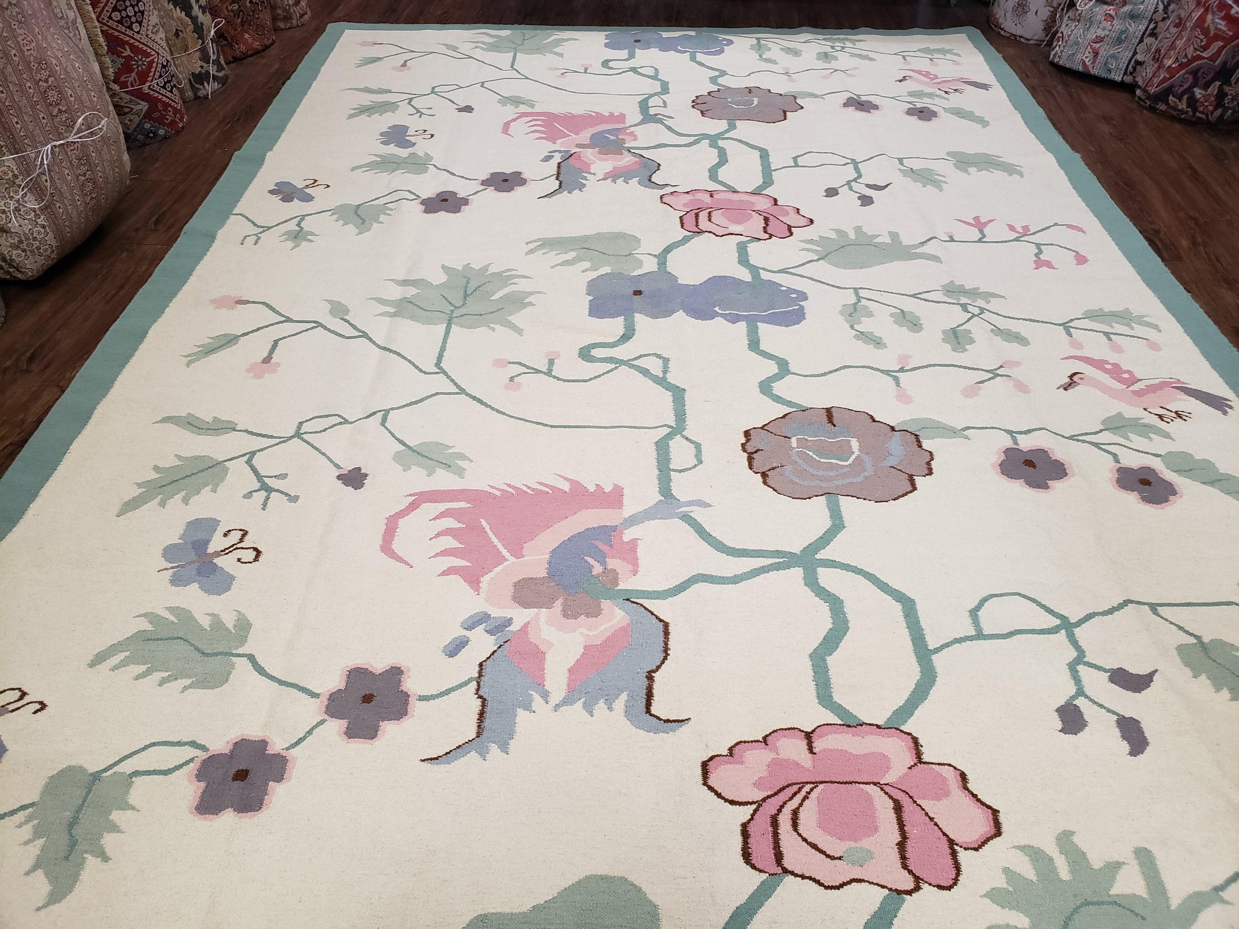 Large Indian Dhurrie Rug 8 x 11.6 ft, Ivory Teal Pale Blue Pink Indian Flatweave Rug, Room Sized Dhurrie Carpet, 8x11 - 8x12 ft Kilim Rugs - Jewel Rugs