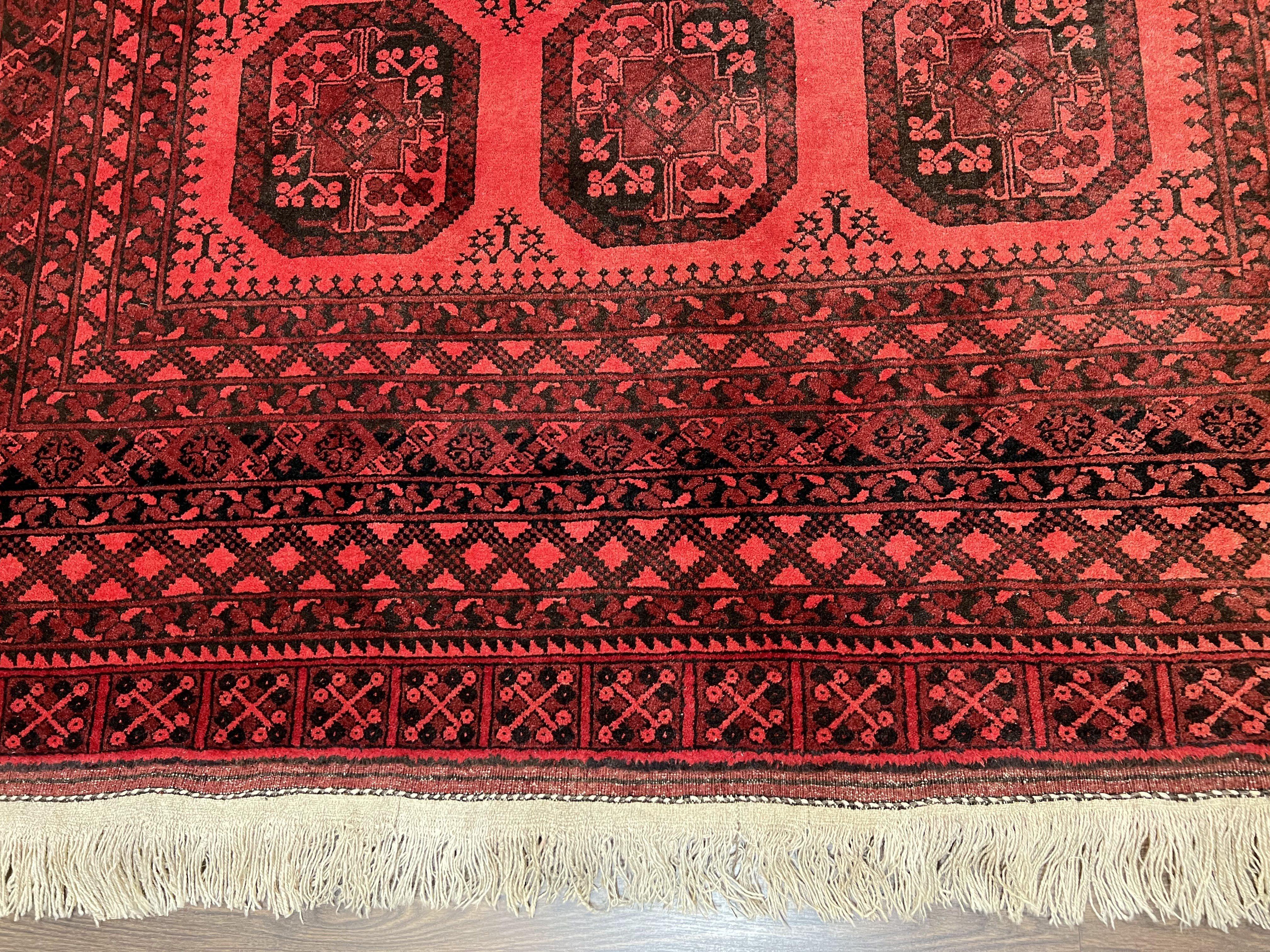 Afghan Turkoman Rug 7x10, Vintage Yamud Beshir Bokhara Carpet, Red and Black Bukhara Hand-Knotted Oriental Wool Handmade Rug, Elephant Foot - Jewel Rugs