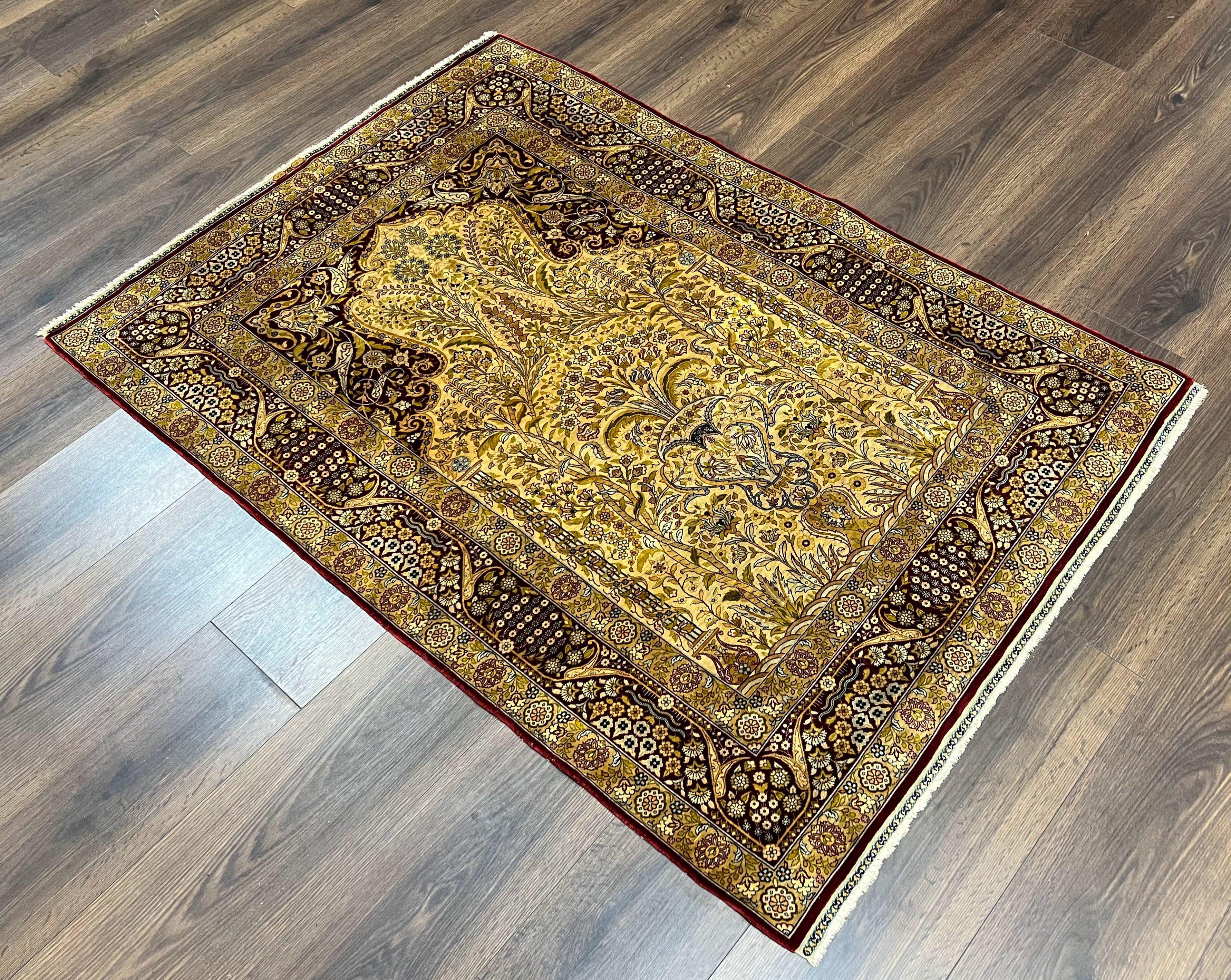 Silk Turkish Hereke Rug 3x5, Gold and Burgundy Hand Knotted Silk Hereke Carpet, Prayer Rug, Tree of Life, Authentic Hereke, Vintage Stunning - Jewel Rugs