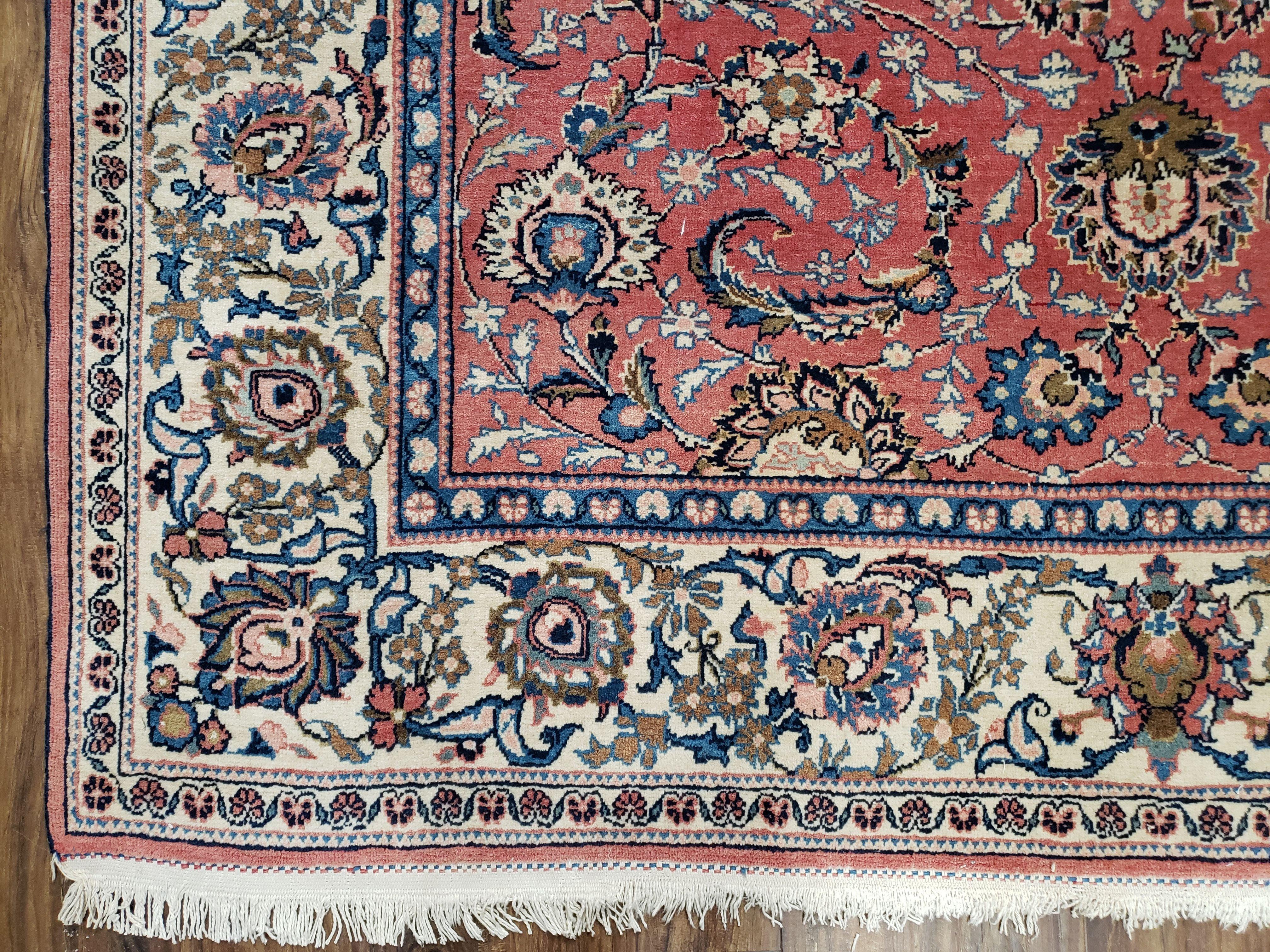 Semi Antique Persian Kashan, Red & Cream, Hand-Knotted, Wool, 4' 8" x 6' 6", Pair A - Jewel Rugs