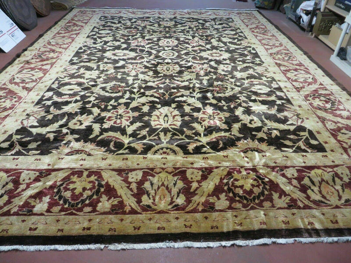 11' X 15' Vintage Hand Knotted Indian Agra Wool Rug Hand Made Dark Brown Floral - Jewel Rugs