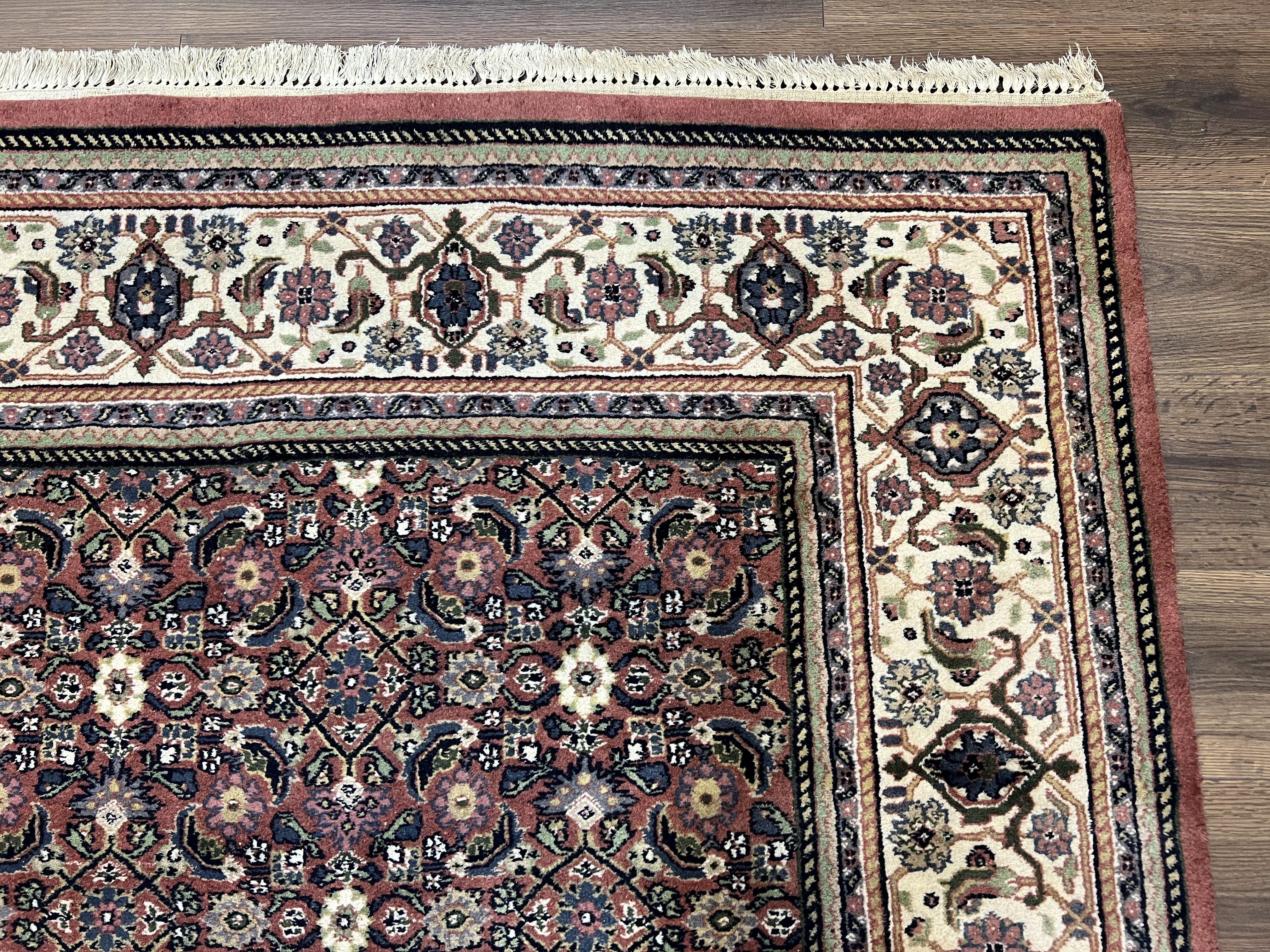 Indo Bidjar Rug 7x10, Indo Persian Bijar Carpet 7 x 10 ft, Herati Allover Floral, Maroon and Cream, Wool Hand Knotted Vintage Oriental Rug - Jewel Rugs