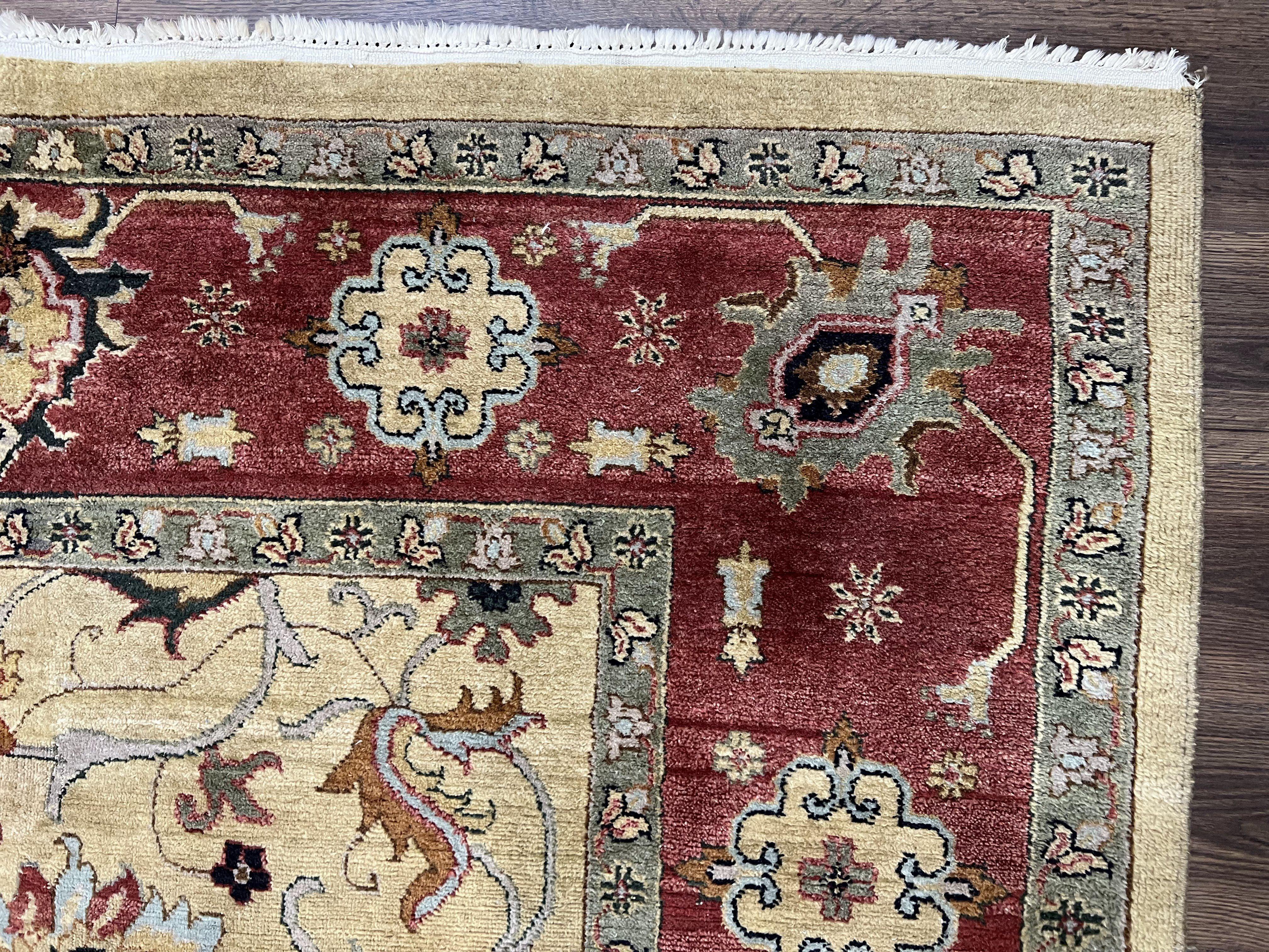 Indo Persian Mahal Rug 8x12, Wool Hand Knotted Oriental Carpet, Light Gold and Burgundy, Floral Allover, Vintage Room Sized Area Rug 8 x 12 - Jewel Rugs