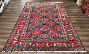 Wonderful Persian Rug 7x10, Persian Shiraz Yalameh Tribal Rug 7 x 10, Semi Antique Colorful Persian Carpet, Geometric Diamond, Handmade Wool, Red Navy Blue - Jewel Rugs