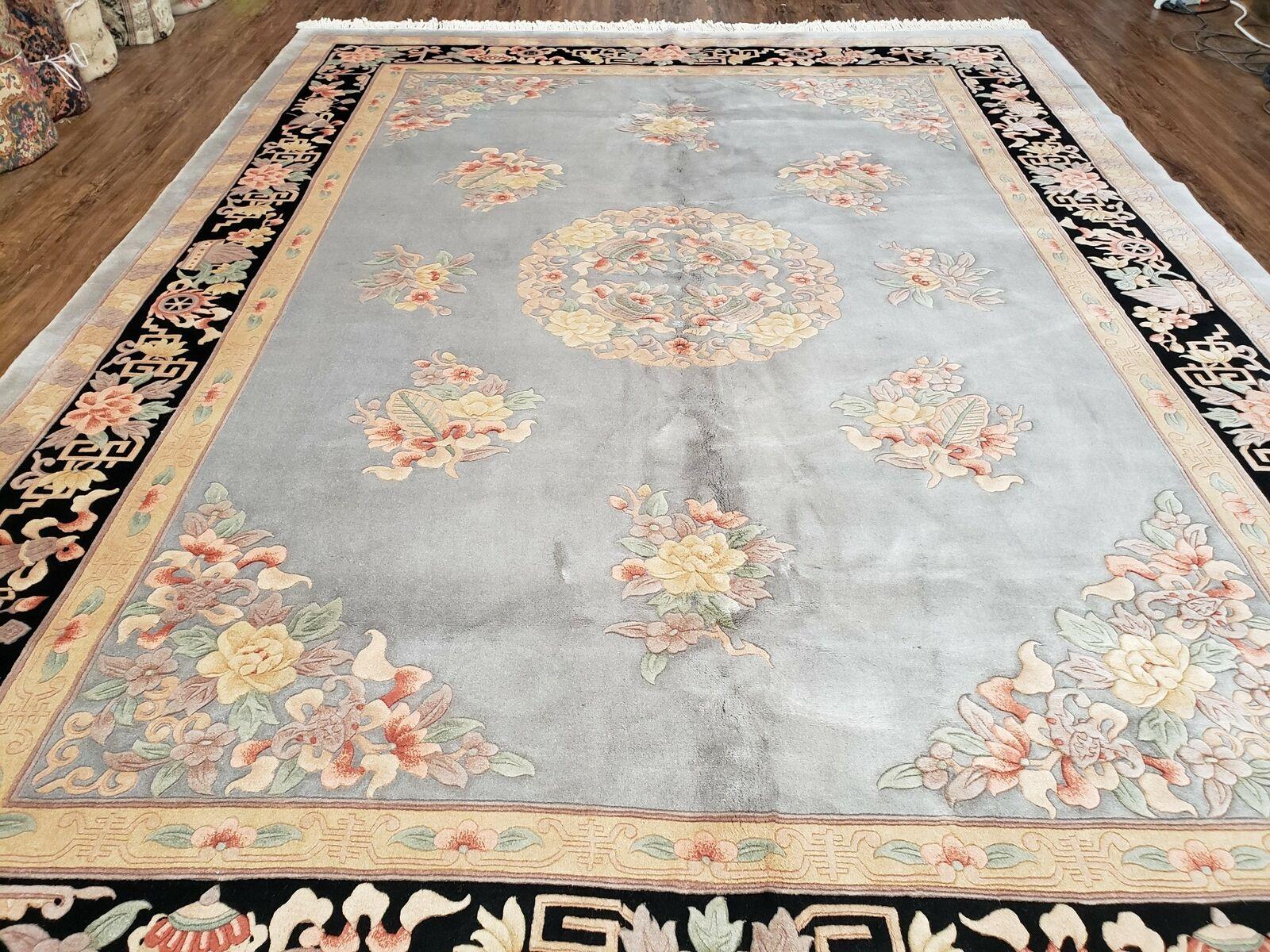 8' 6" X 11' 5" Vintage Handmade Chinese Carving Sculpture Wool Rug Flowers Nice - Jewel Rugs