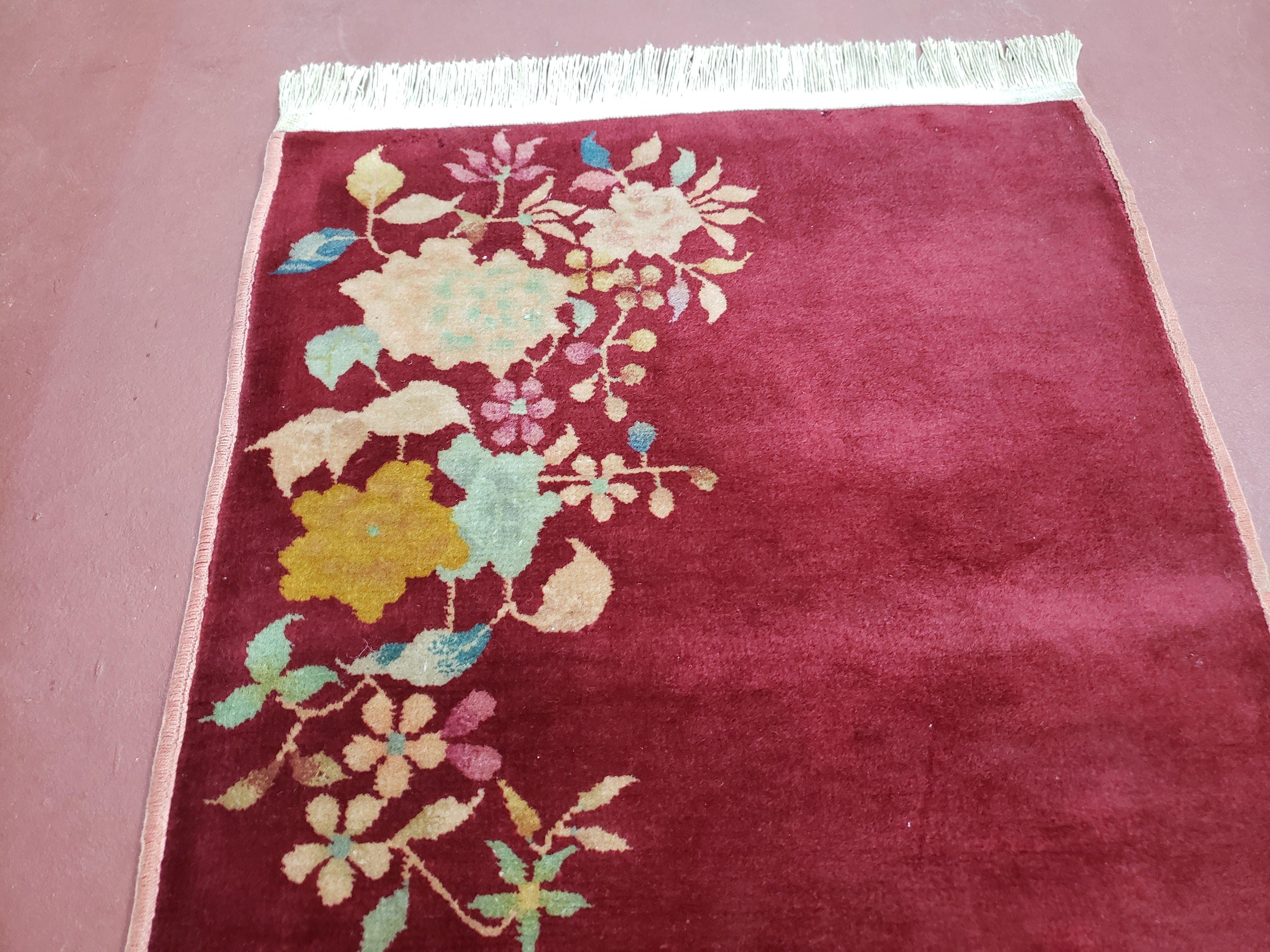 Chinese Art Deco Rug, 2x4 Rug, Maroon Red Nichols Rug Flowers, Antique Rug, Small Art Deco Carpet, Wool Rug, Hand Knotted, Accent Rug Pair B - Jewel Rugs