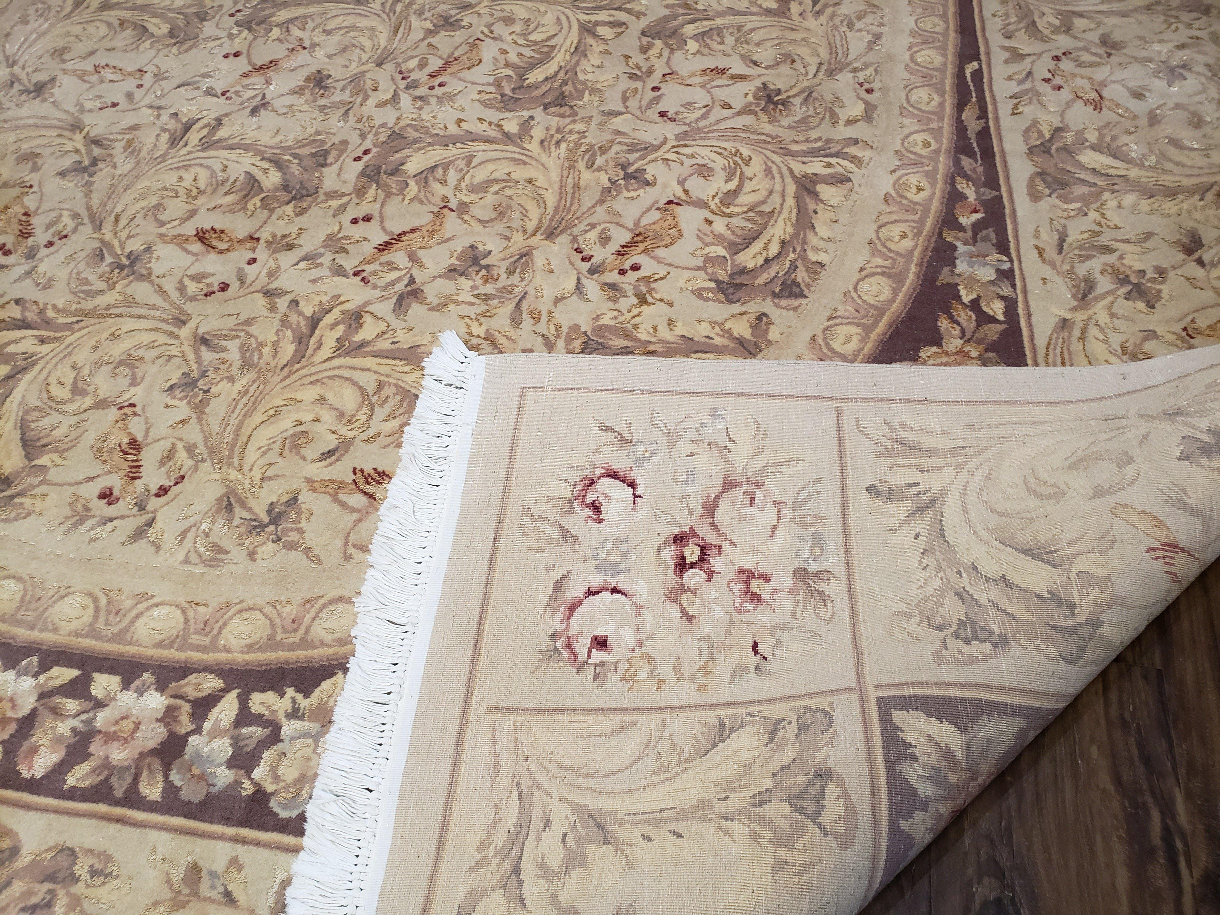 Chinese Aubusson Savonnerie Area Rug 8x12, Vintage 120 Line Carpet, Wool and Silk Hand-Knotted, Birds Flowers Master Weaver Signature - Jewel Rugs