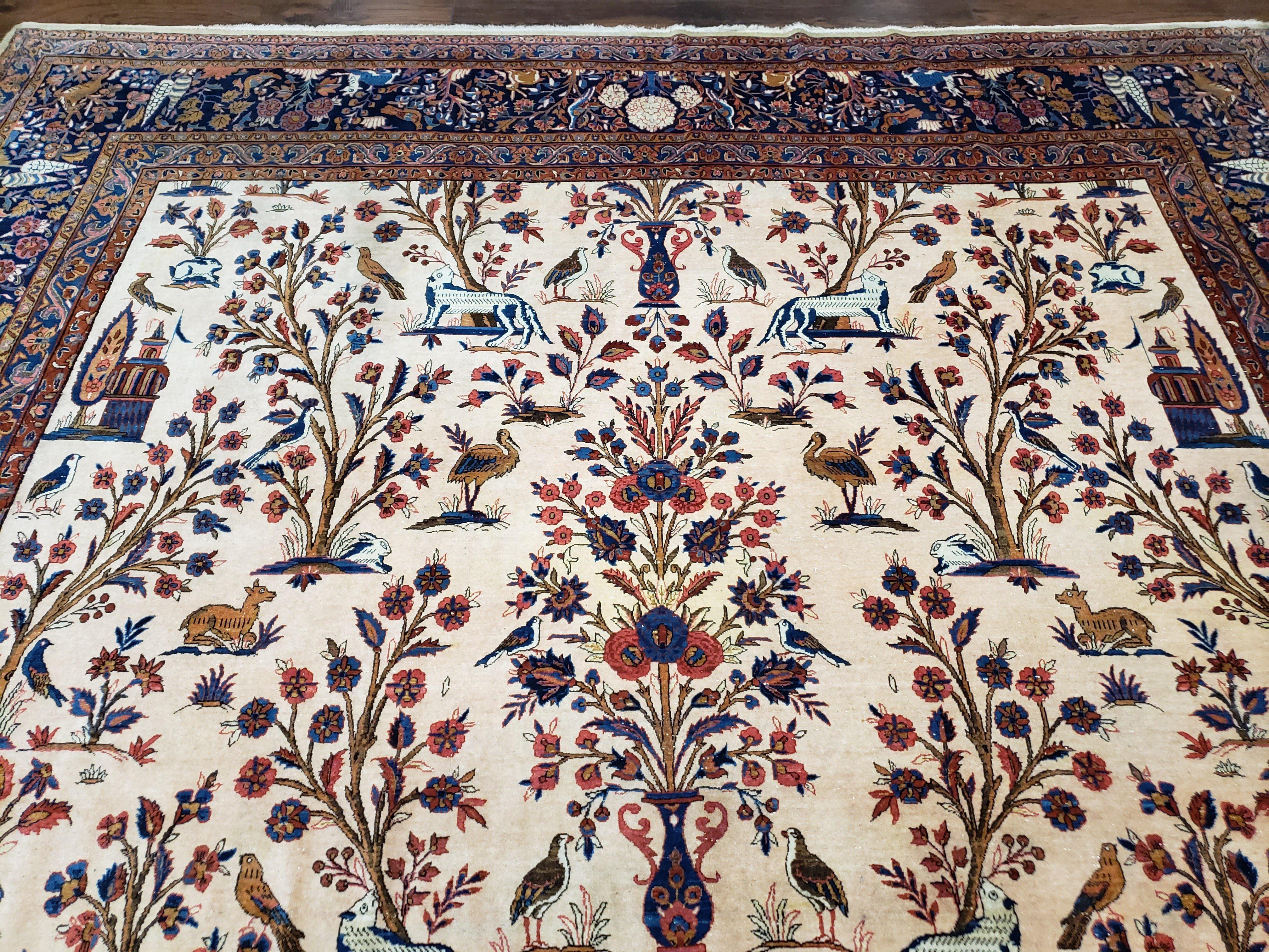 Antique 1920s Persian Kashan Room Sized Rug, Wool Hand-Knotted, Ivory Red Blue, 10' x 13' 3" - Jewel Rugs