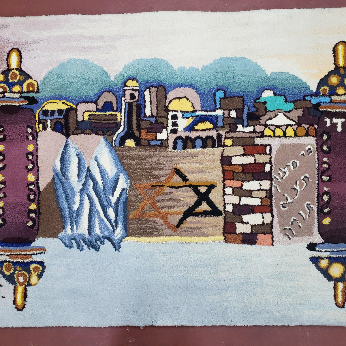 Vintage Judaica Pictorial Rug 3x5, Wool Hand-Tufted Israeli Signed Rug ...