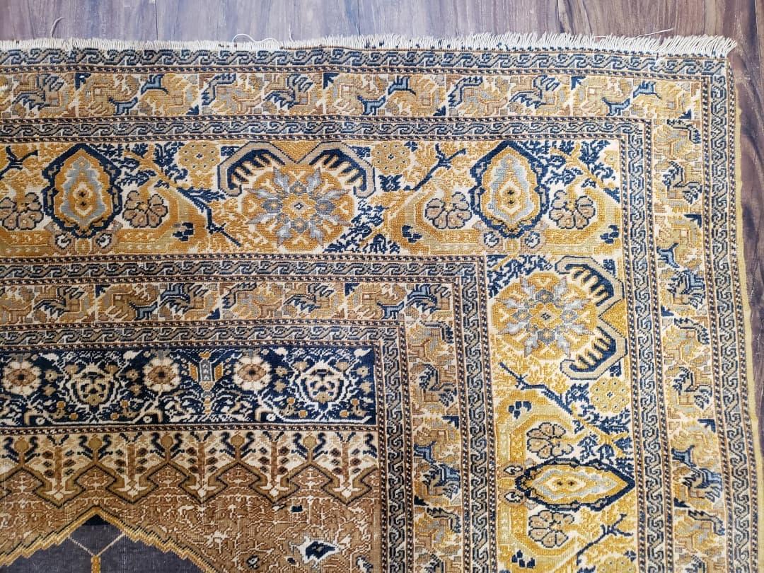 Rare Turkish Ghiordes Prayer Rug 4 x 5.8 ft, Late 19th Century Turkish Oriental Carpet, Mehrab Antique Prayer Rug, Museum Quality, Blue, Tan - Jewel Rugs