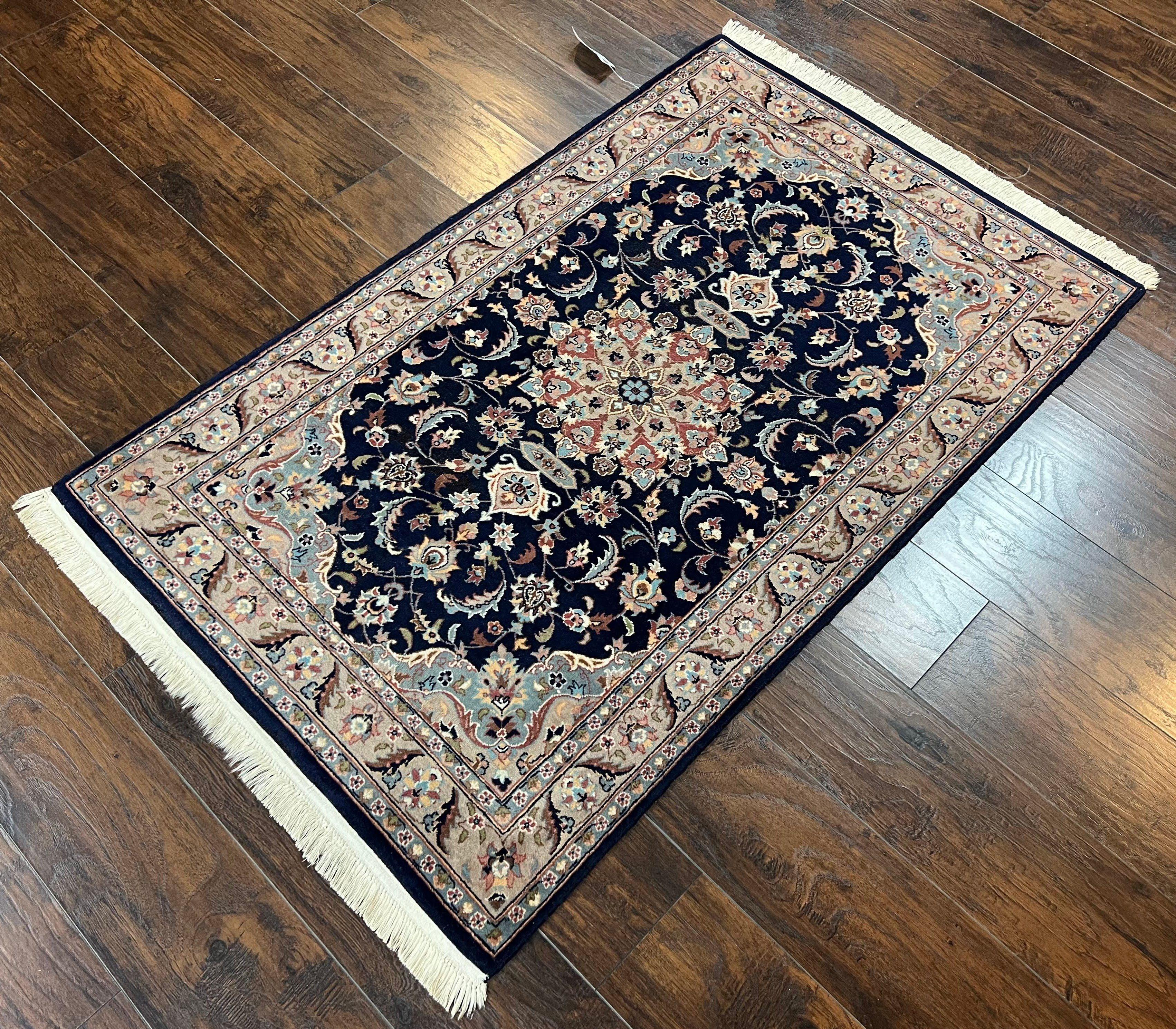 Pak Persian Rug 3x5, Floral Medallion Oriental Carpet 3 x 5 ft, Pakistani Rug, Navy Blue Light Gray, Hand-Knotted Wool Traditional Area Rug - Jewel Rugs