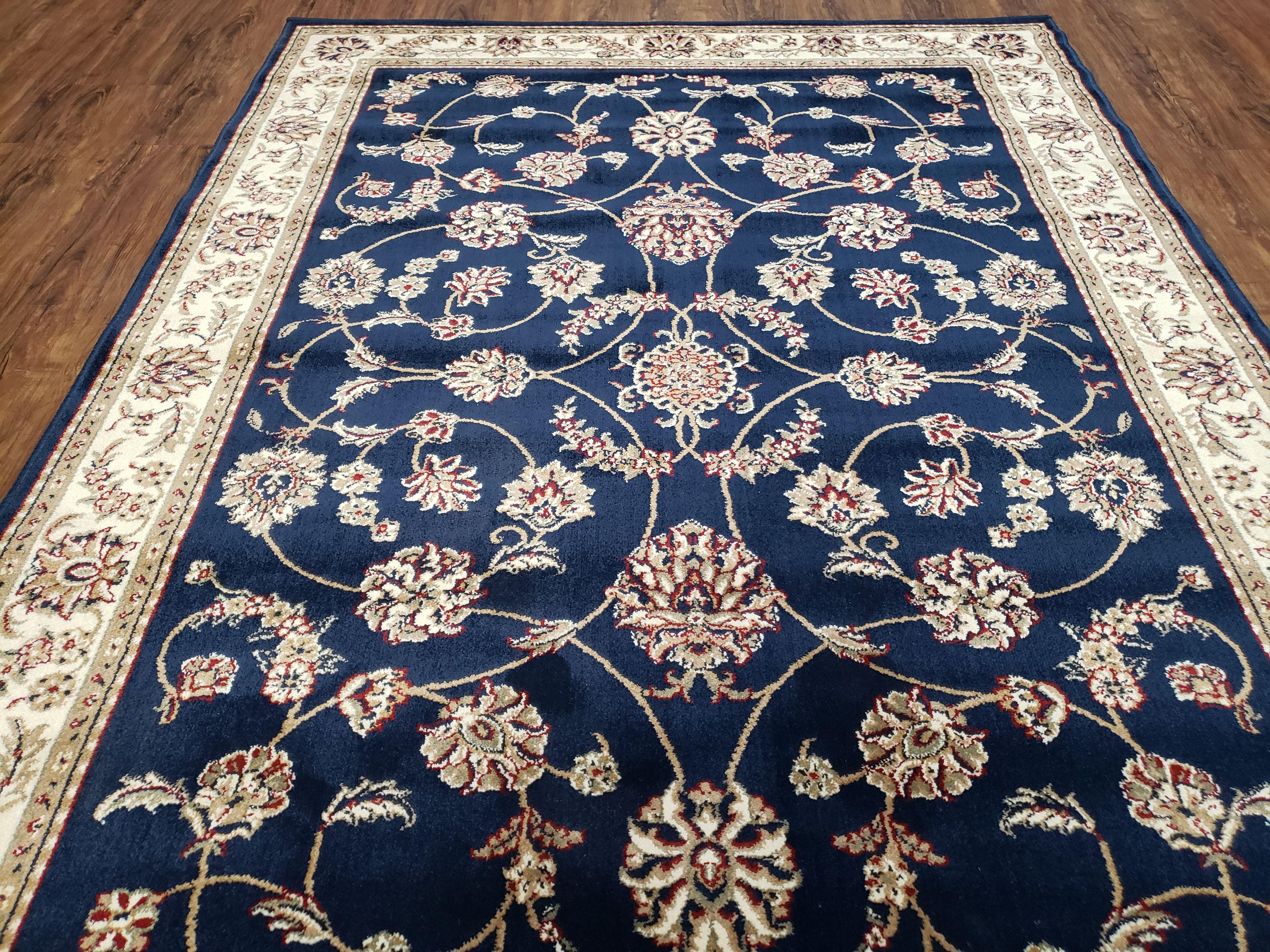 Dark Blue Oriental Area Rug Vintage, Wool & Silk Feel, Italian Rug, Persian Design, Soft Pile, Dark Blue Beige/Cream, 5.5 x 7.7, Part of Set - Jewel Rugs