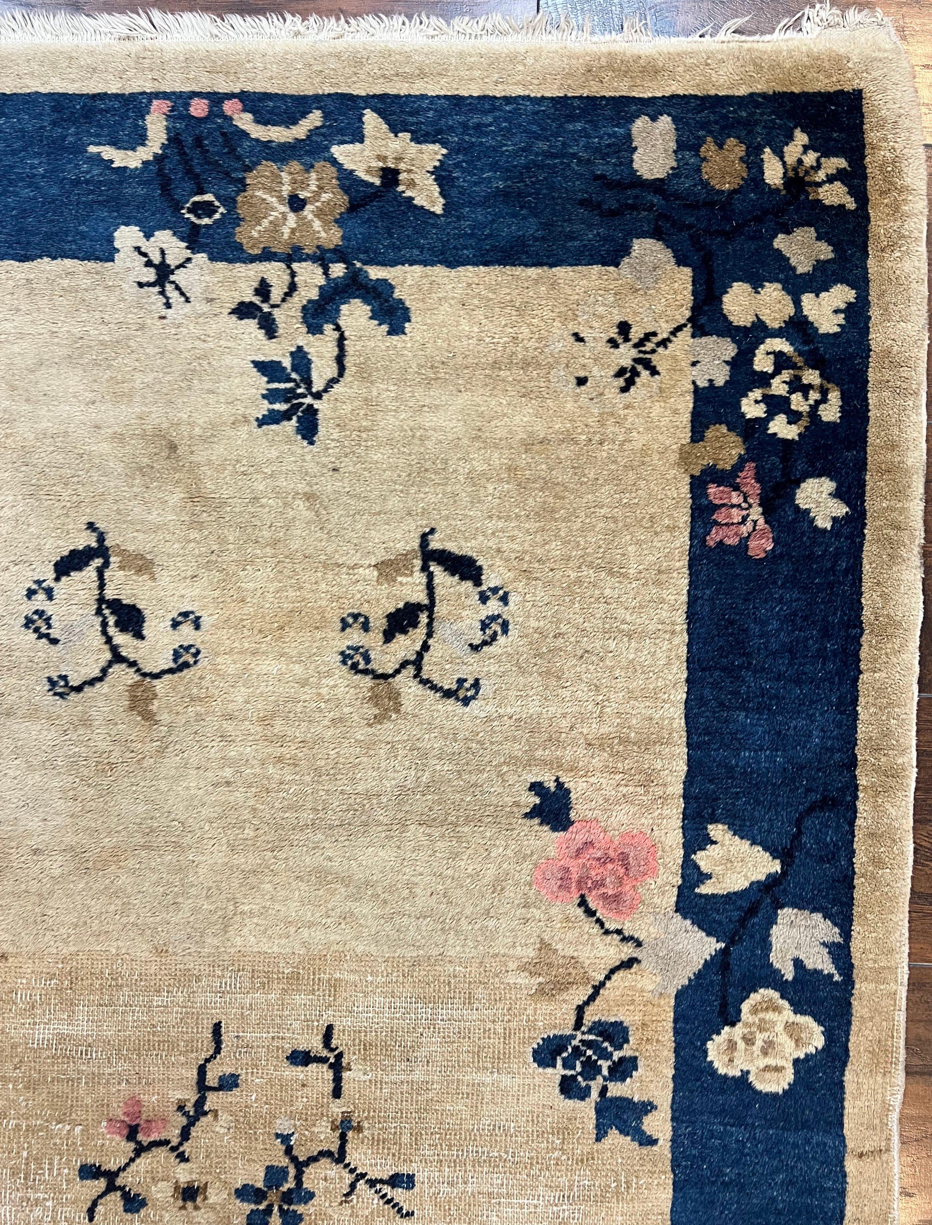 Antique Chinese Peking Rug 3x6, Beige and Dark Blue Hand Knotted Handmade Asian Oriental Carpet, Floral Vases, Vintage Wool Art Deco Rug - Jewel Rugs