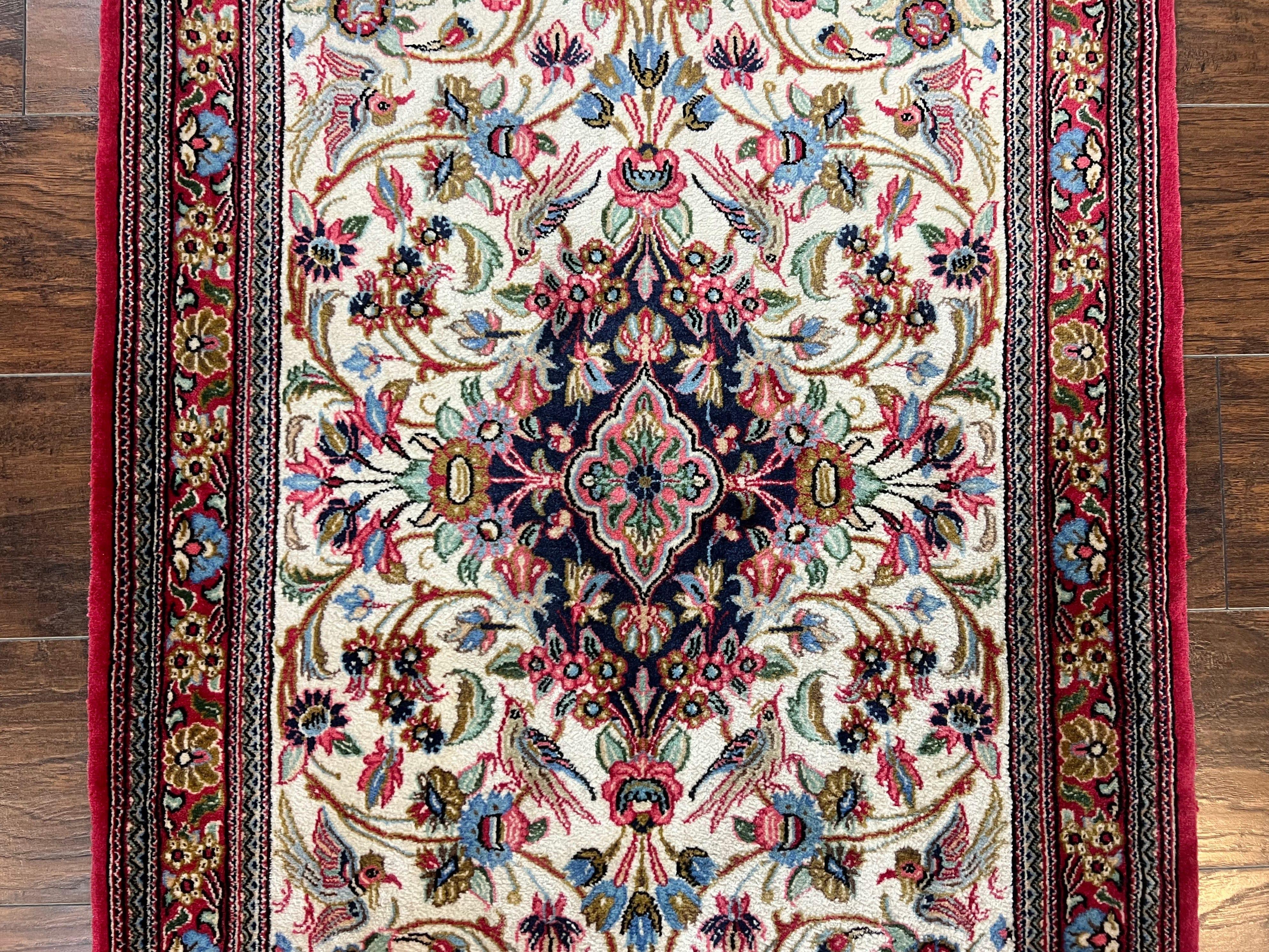 Wonderful Persian Qum Runner Rug 2.8 x 10 ft, Floral Medallions with Bird Motifs, Hand Knotted Wool Fine Oriental 10ft Hallway Runner, Cream Red - Jewel Rugs