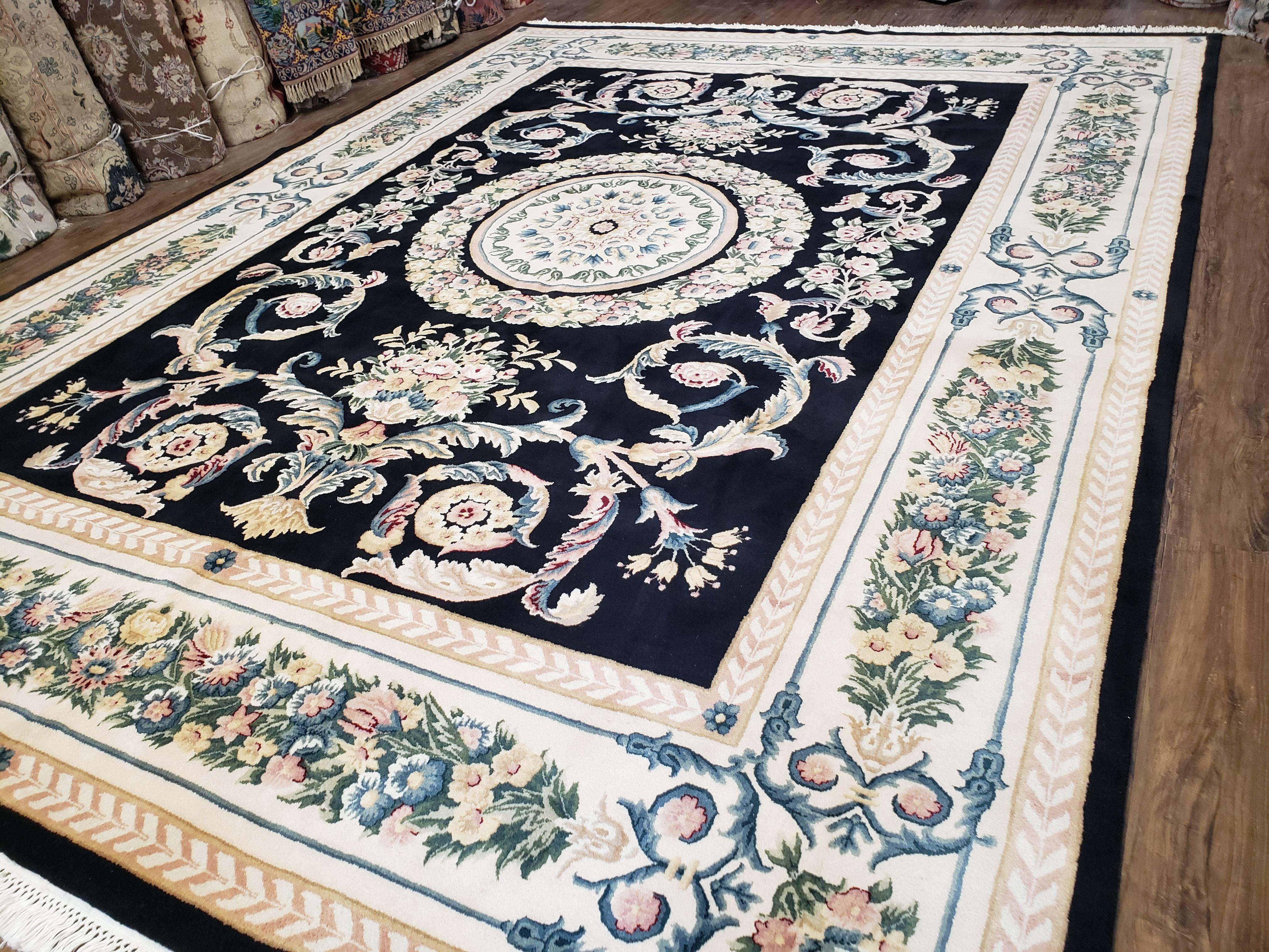 Vintage Chinese Aubusson Savonnerie Wool Area Rug, Hand-Knotted, Black & Beige, Elegant 9x12 Living Room Carpet 8.11 x 12.7 European Design - Jewel Rugs