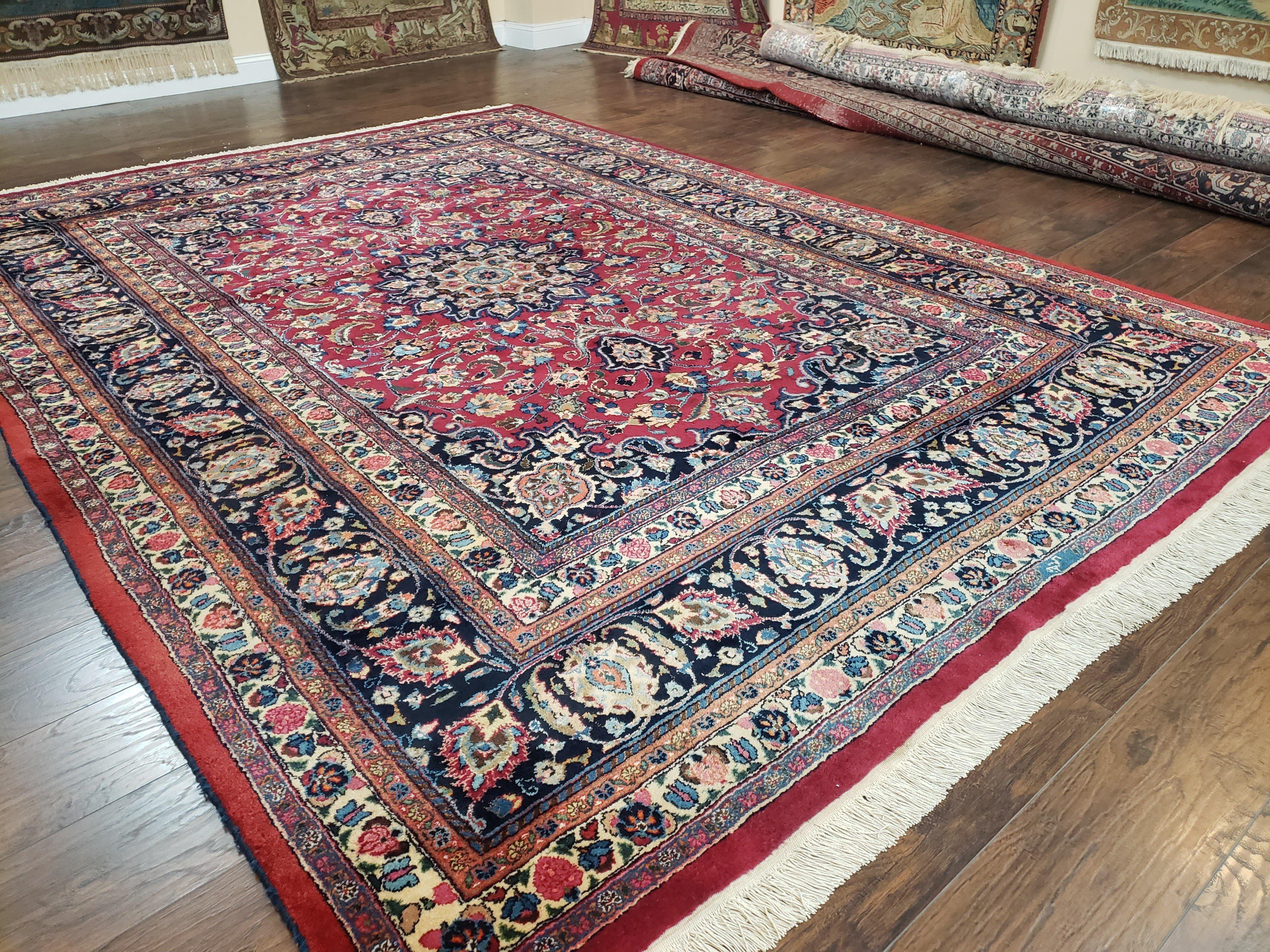 1950s Persian Mashad Rug 8' 3" x 11' 7", Room Sized Persian Carpet, Semi Antique, Medallion with Floral Allover Pattern, Red and Navy Blue Signature Master Weaver - Jewel Rugs