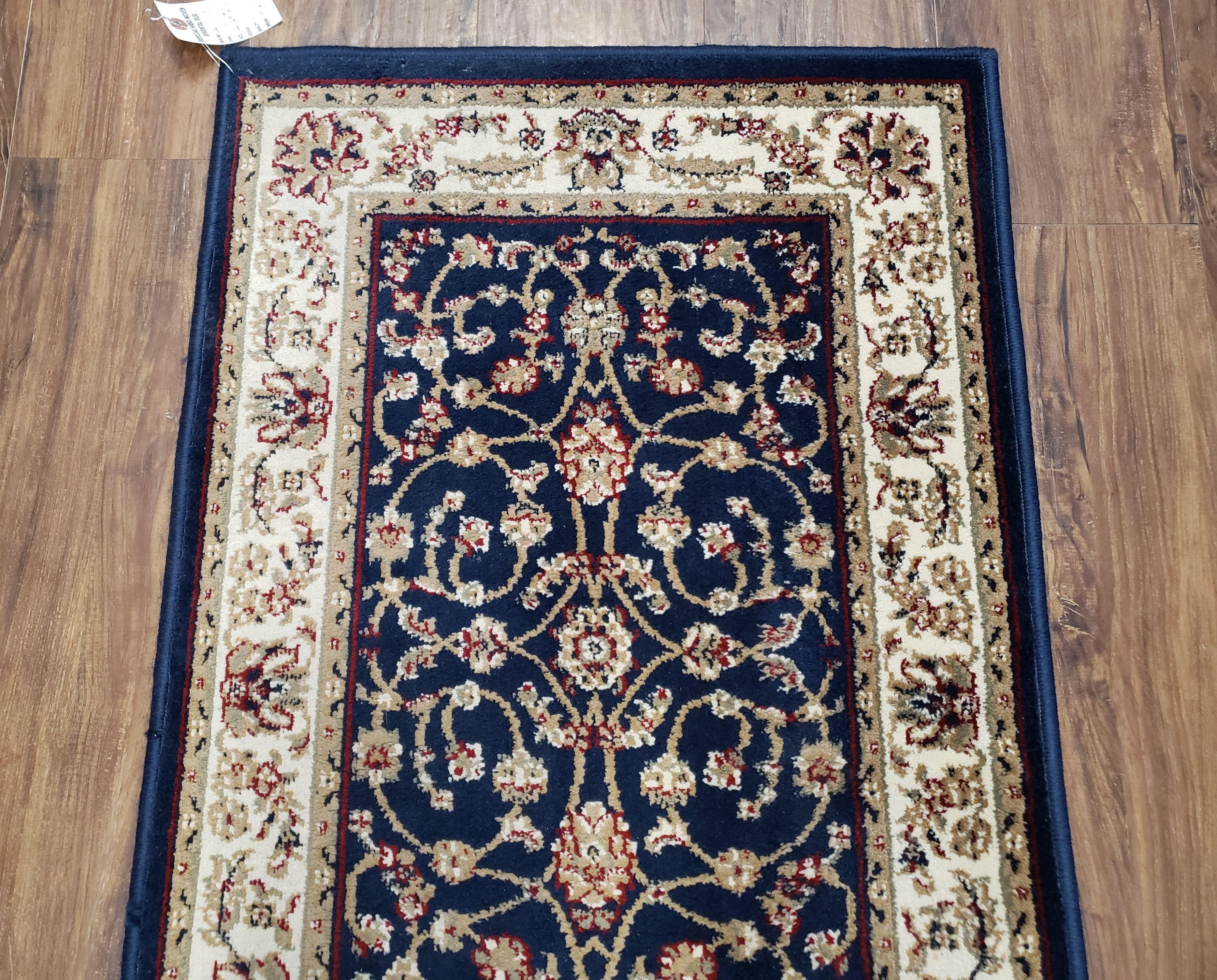 Dark Blue Vintage Runner Rug 2.2 x 7.7, Wool & Silk Feel, Italian Rug, Floral Persian Design, Soft Pile, Dark Blue Beige/Cream, Part of Set - Jewel Rugs