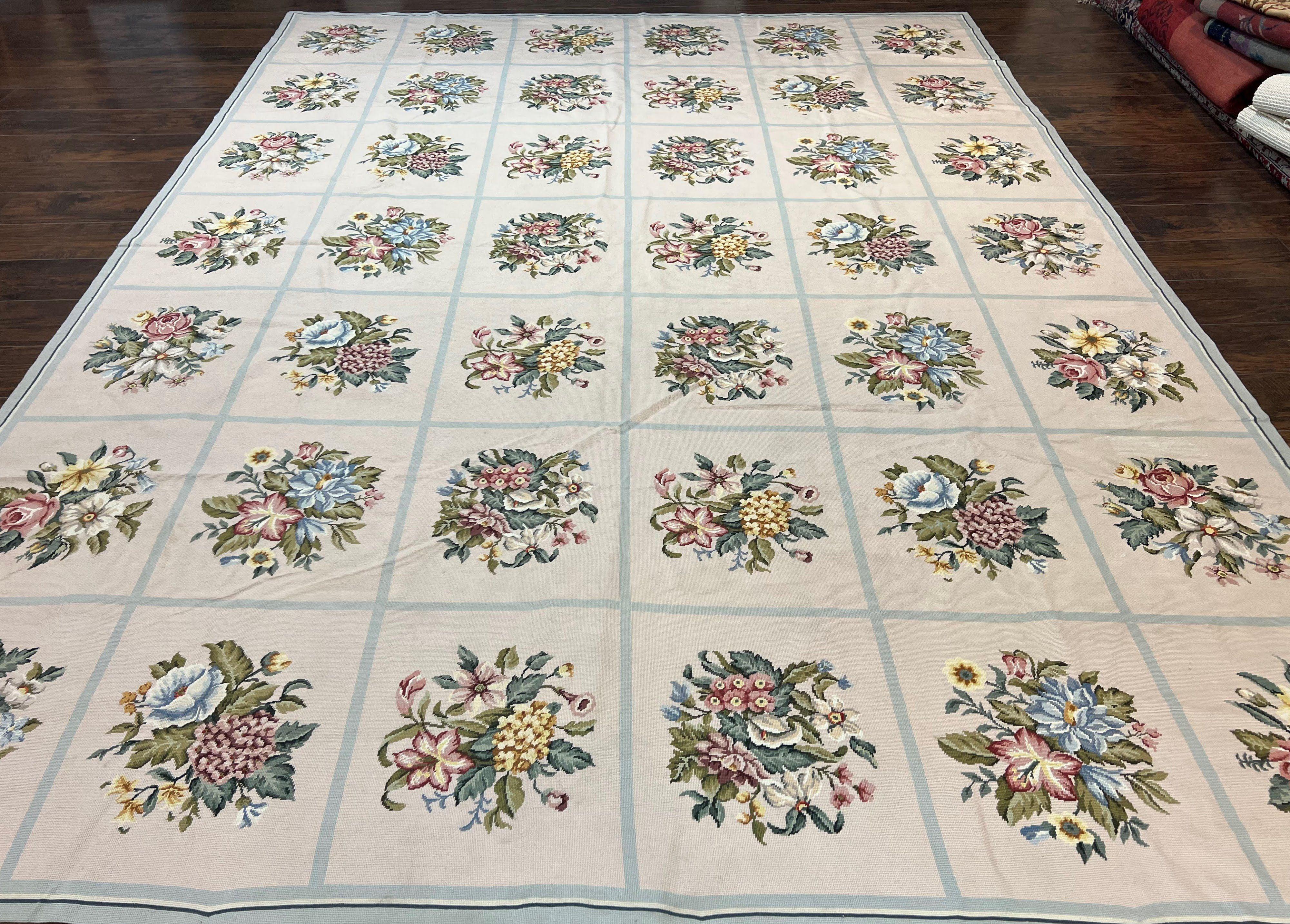 Needlepoint Rug 9x12, Panel Design, Cream and Light Blue, Floral Bouquets, Wool Flatweave Vintage Needlepoint Carpet 9 x 12 ft, Elegant Rug - Jewel Rugs