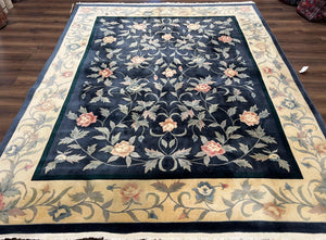 Chinese Wool Rug 8x10, Vintage Fine 120 Line Carpet, Metallic-Navy Blue & Cream, Soft Plush Wool, Allover Floral, 1960s Handmade Area Rug - Jewel Rugs