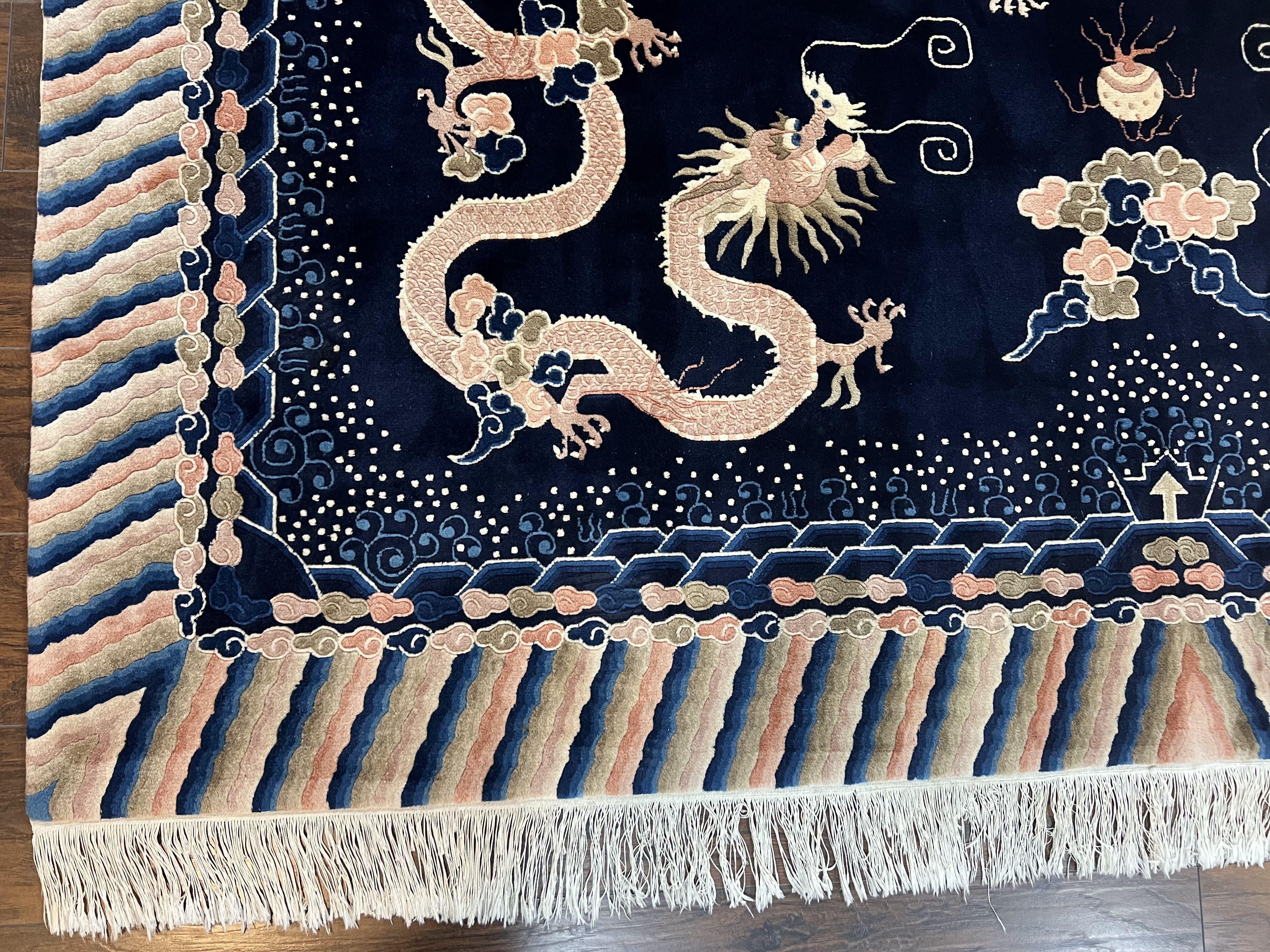 Rare Chinese Peking Rug 8x11, Chinese Dragon Carpet with Rainbow Border, Navy Blue and Beige, Handmade Hand Knotted, Semi Antique, Wool Rug - Jewel Rugs