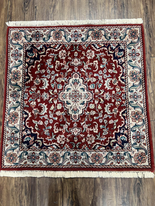 Small Indo Persian Rug 3x3 Oriental Carpet, Small Square Persian Rug, Hand Knotted Vintage Wool Rug, Tiny Persian Rug Red Cream/Ivory Floral - Jewel Rugs