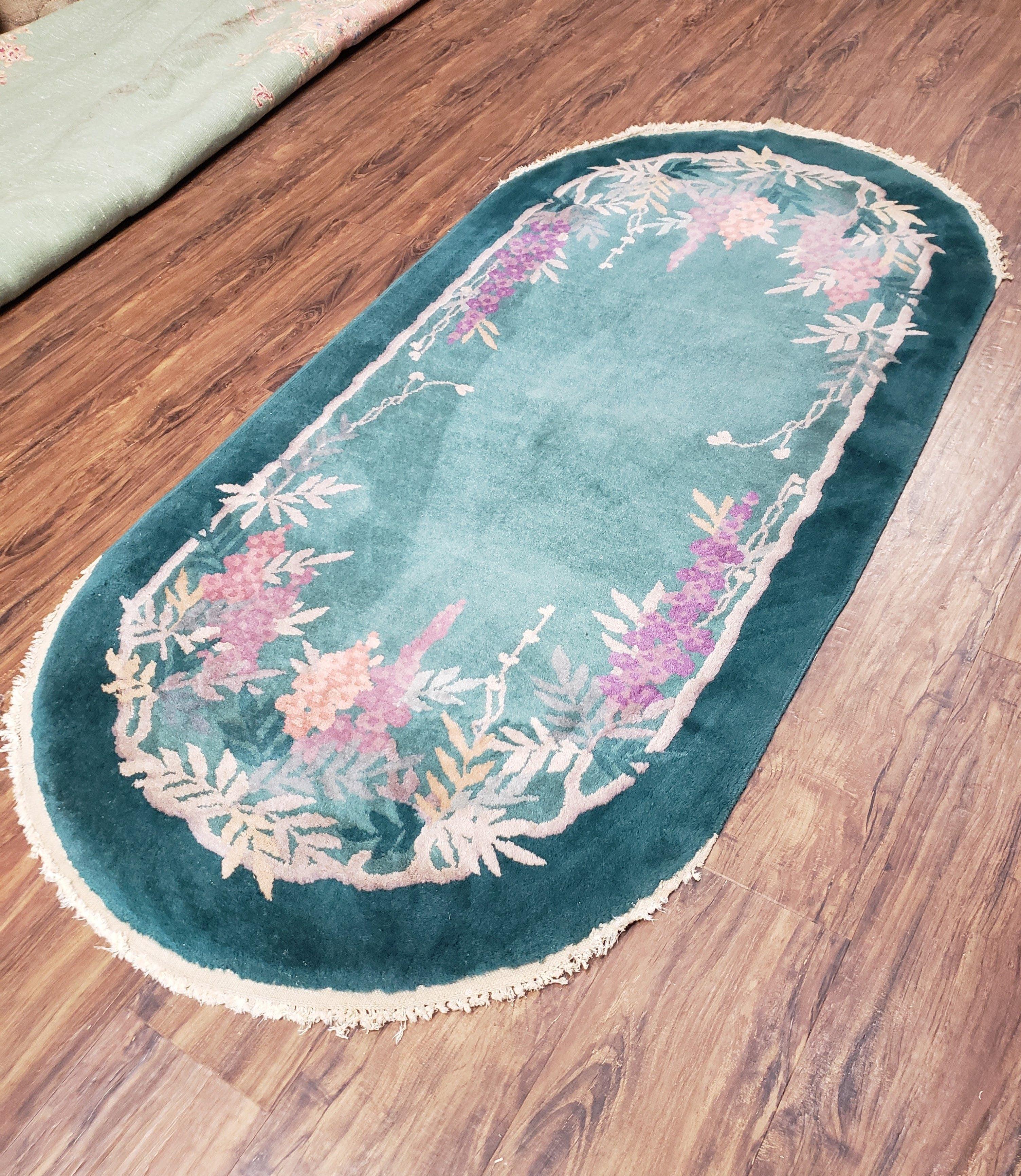 Oval Chinese Peking Rug, Teal Chinese Rug, Antique Art Deco Rug, Nichols Rug Oval, 3' x 5' 9", Teal and Green with Flowers, Wool, Handmade - Jewel Rugs