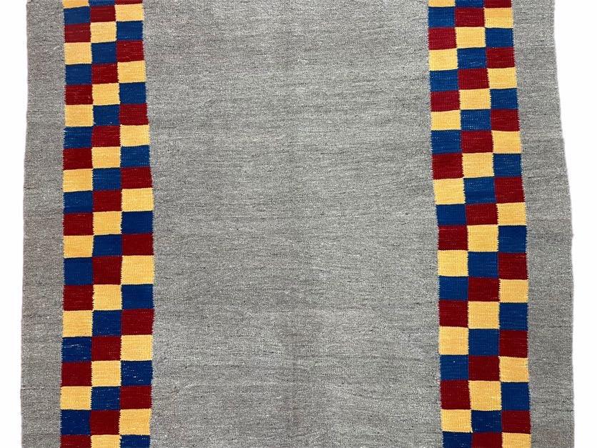 Gray Kilim Carpet, Yellow, Red, Blue Checkerboard Pattern, Flatweave, New, Geometric, Hand-Knotted, Wool, Turkish Area Rug, 5' 9" x 7' 9" - Jewel Rugs