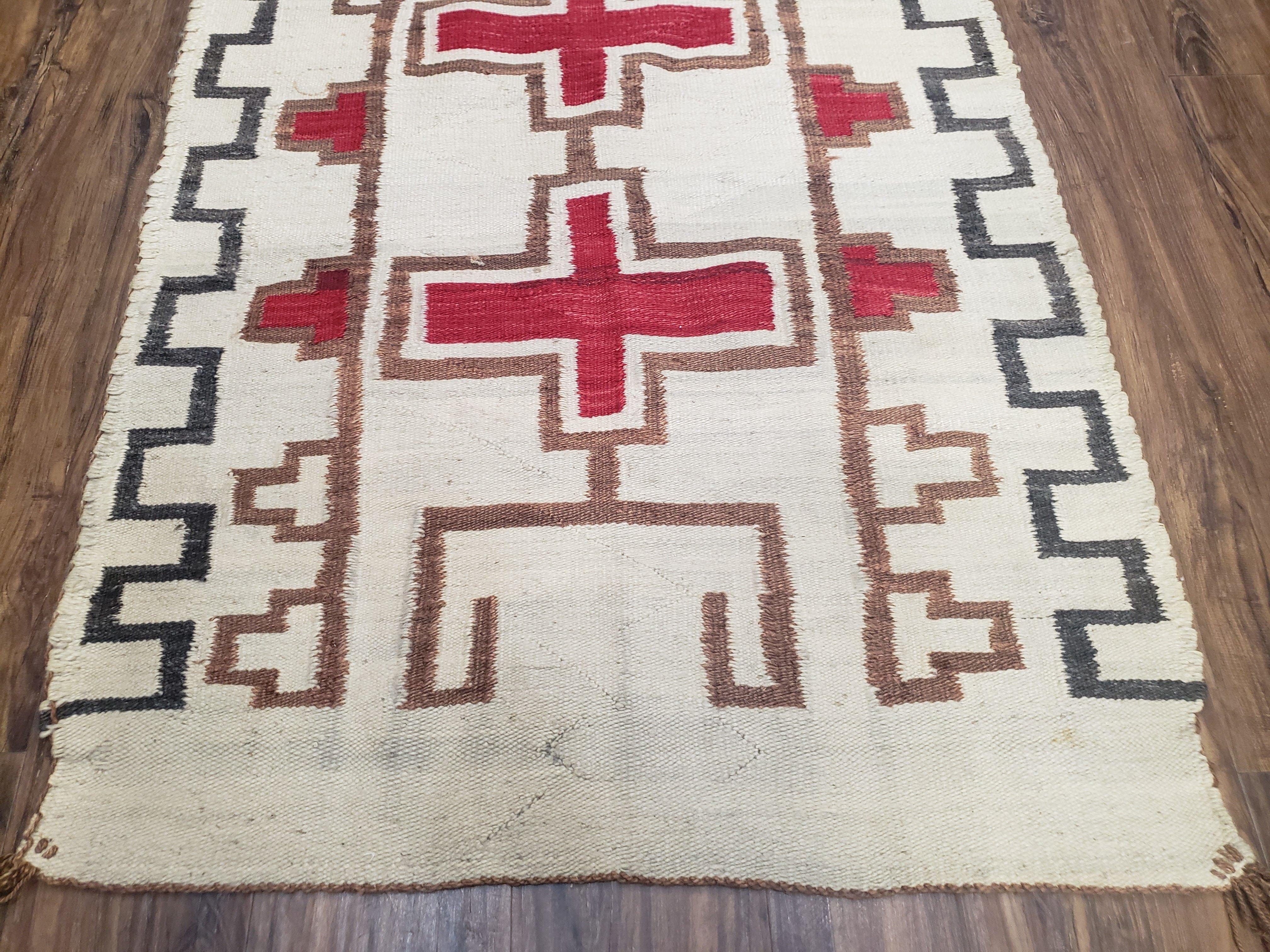 Semi Antique Navajo Rug 3x5, Wool Hand Woven, First Aid Cross Navajo American Blanket, Kilim Rug, Ivory Red, Nice, Rare Navaho Blanket - Jewel Rugs